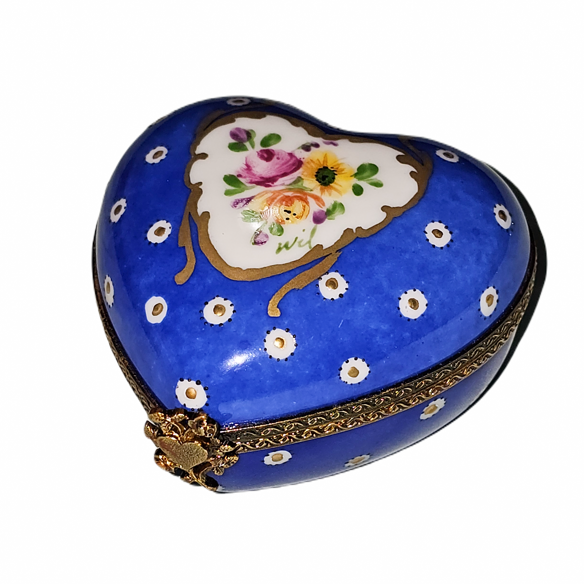 Dark Blue Poka Dot Heart Box Porcelain Limoges heart French Trinket Box
