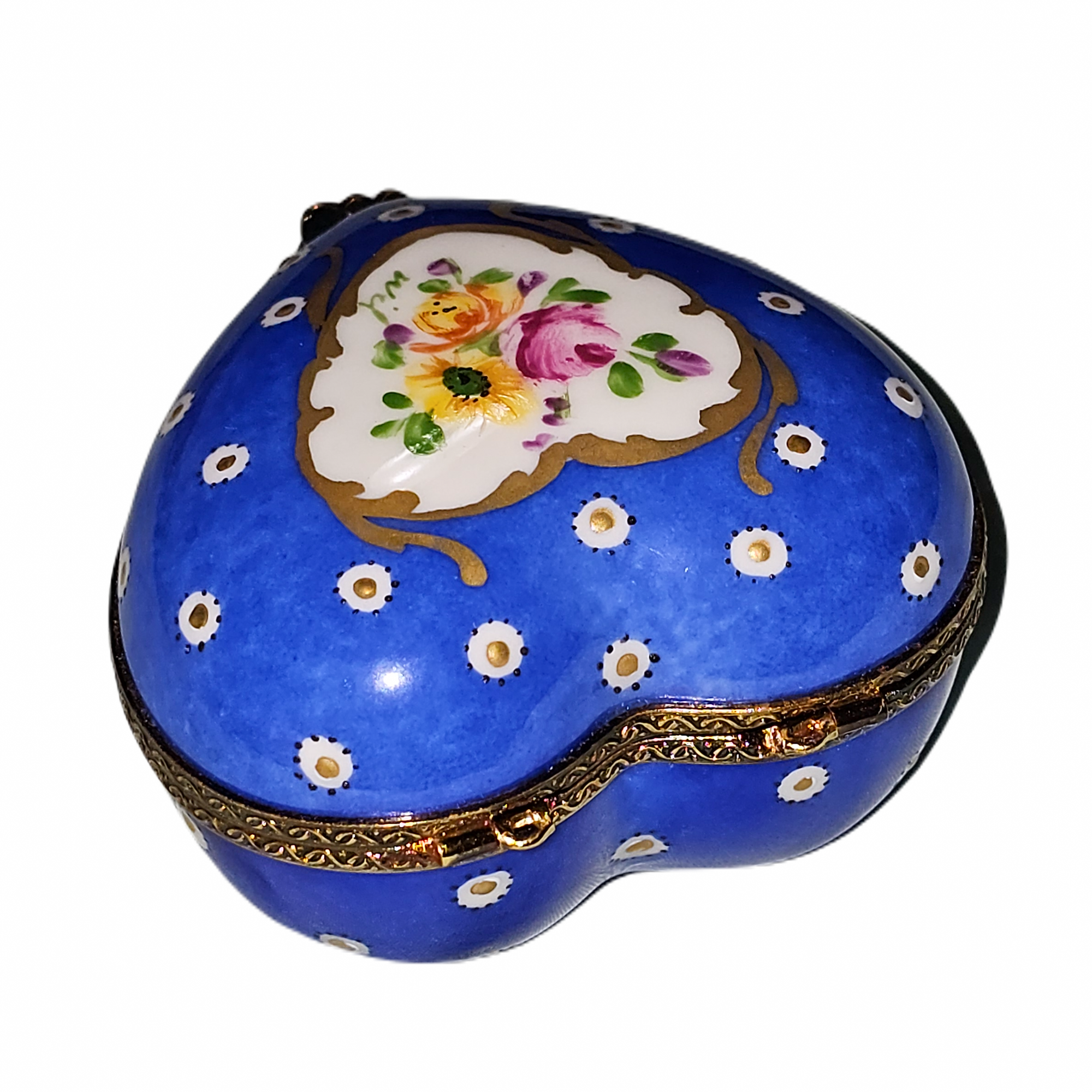 Dark Blue Poka Dot Heart Box Porcelain Limoges heart French Trinket Box