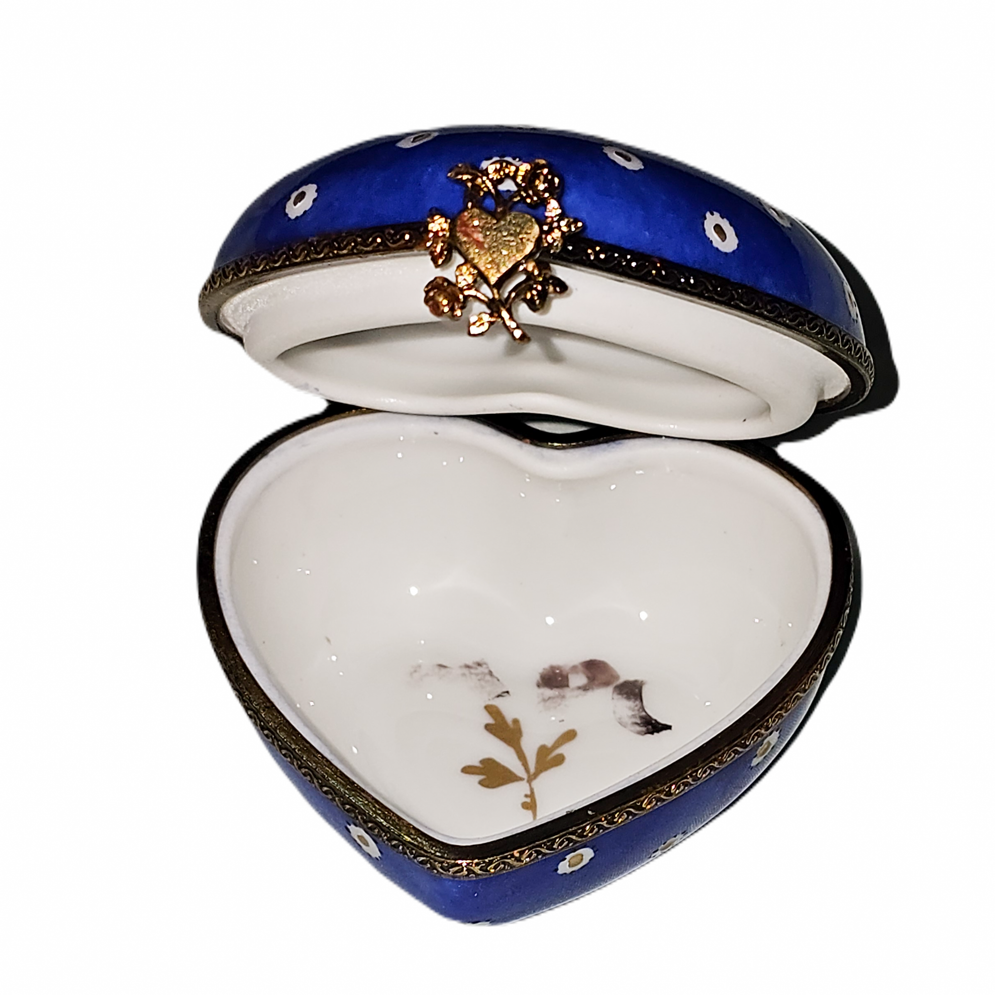 Dark Blue Poka Dot Heart Box Porcelain Limoges heart French Trinket Box