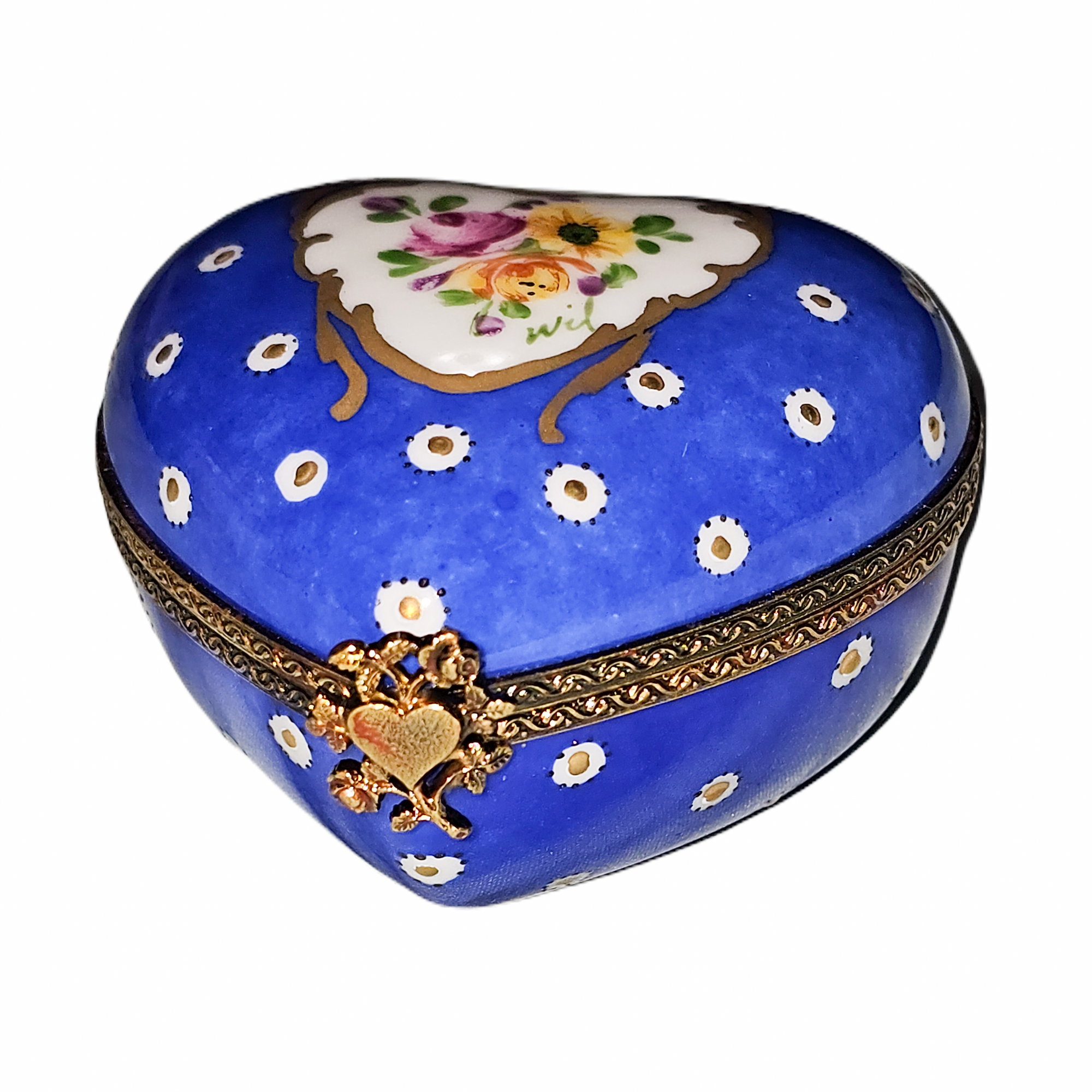 Dark Blue Poka Dot Heart Box Porcelain Limoges heart French Trinket Box