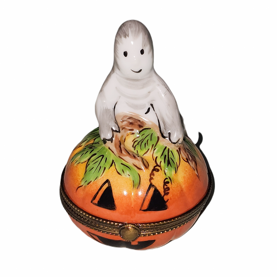 Ghostly Pumpkin Delight Box Porcelain Limoges Halloween French Trinket Box