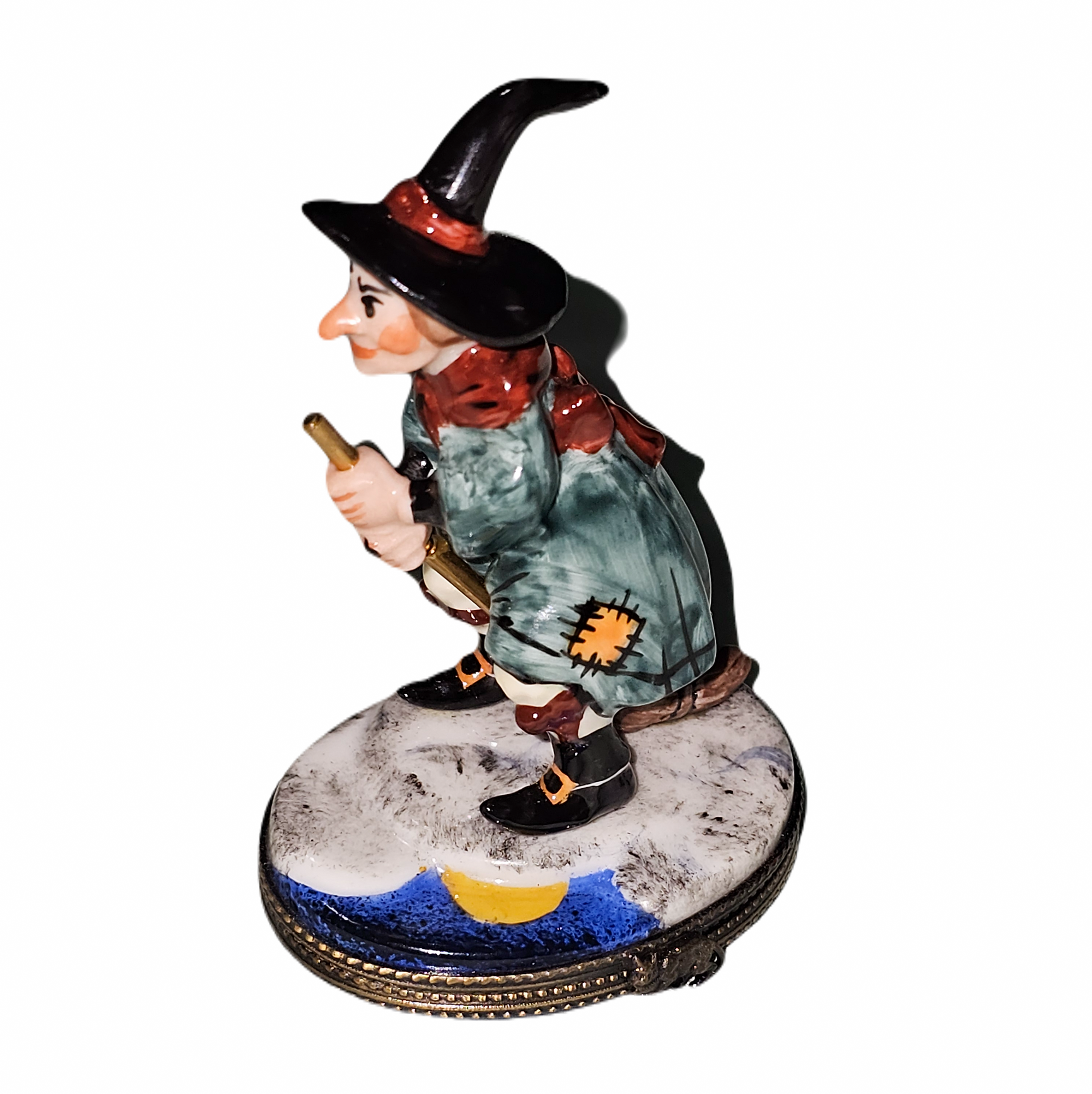 Charming Witch on Broom Box Porcelain Limoges Halloween French Trinket Box