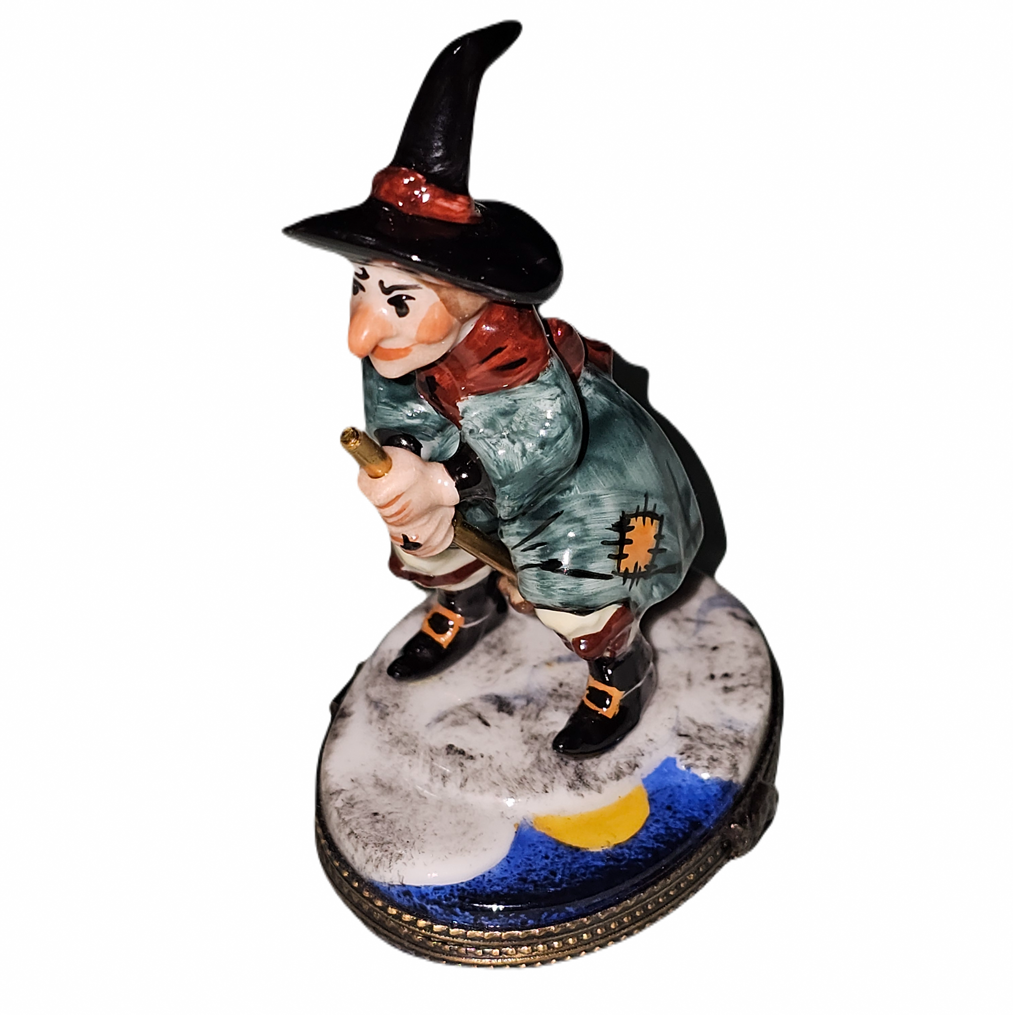 Charming Witch on Broom Box Porcelain Limoges Halloween French Trinket Box