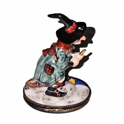 Charming Witch on Broom Box Porcelain Limoges Halloween French Trinket Box