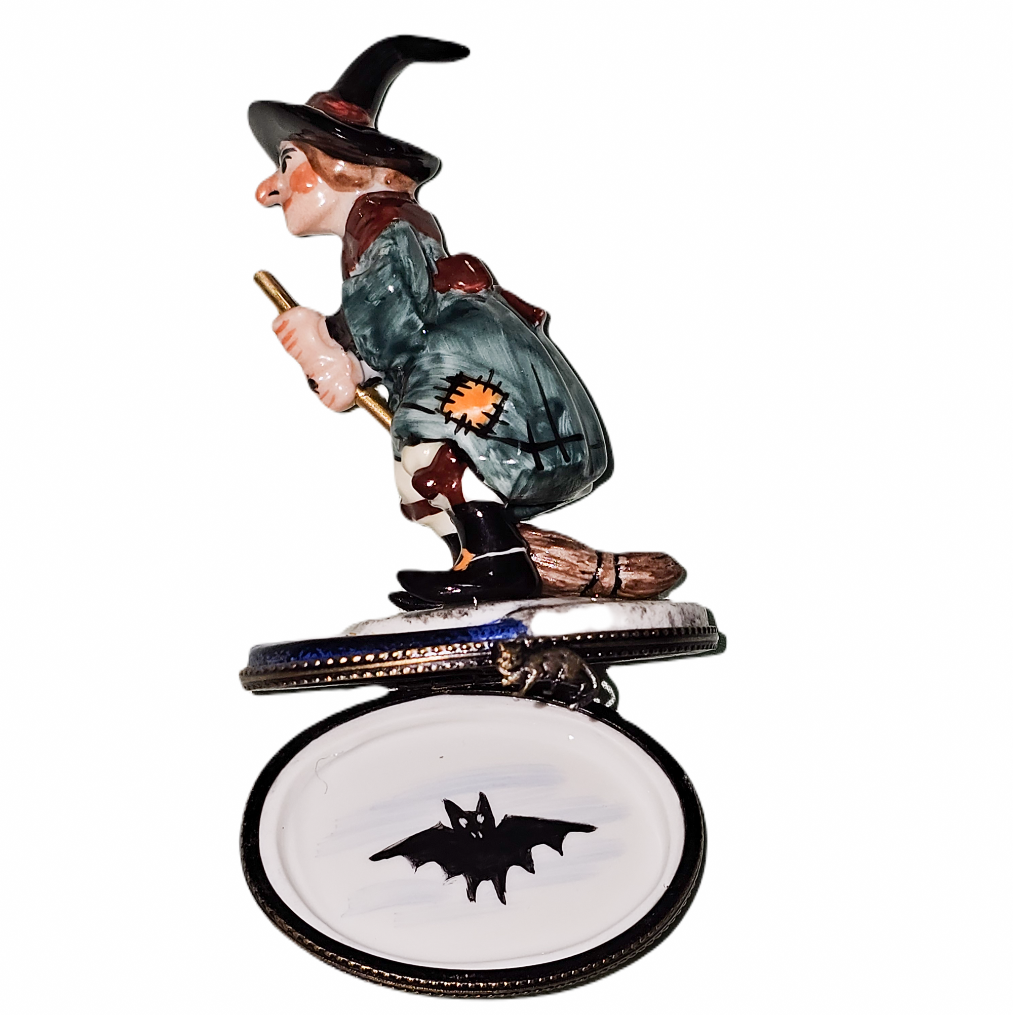 Charming Witch on Broom Box Porcelain Limoges Halloween French Trinket Box