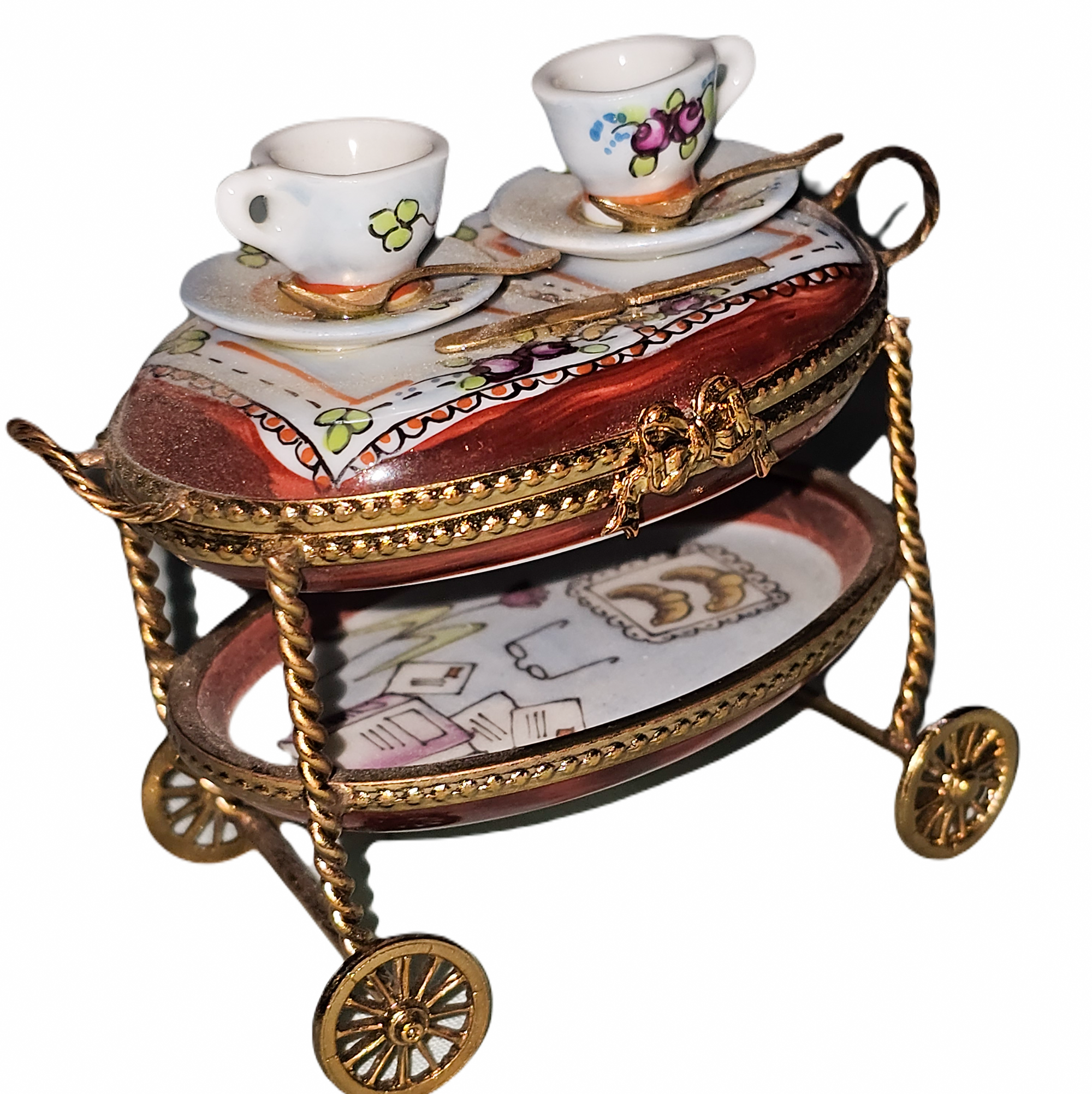 Maroon Elegance Tea Cart Porcelain Limoges home China French Trinket Box