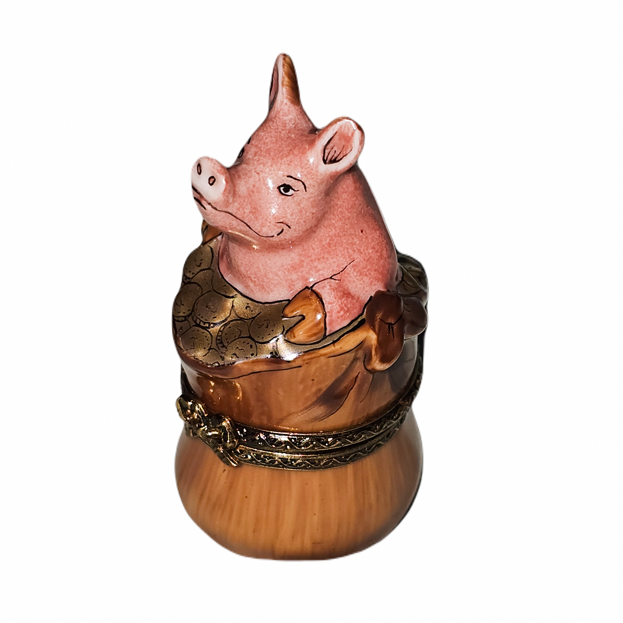 Charming Pig in Barrel Box Porcelain Limoges pig farm animal French Trinket Box