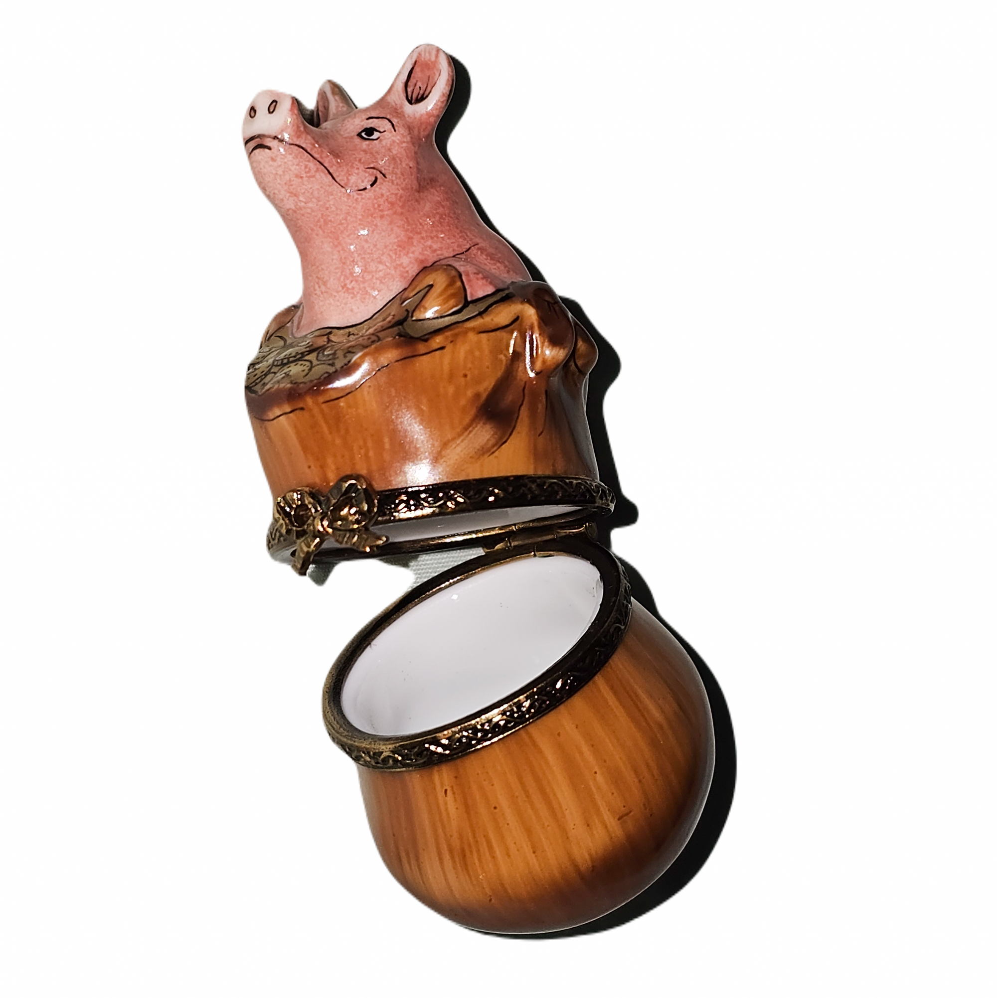 Charming Pig in Barrel Box Porcelain Limoges pig farm animal French Trinket Box