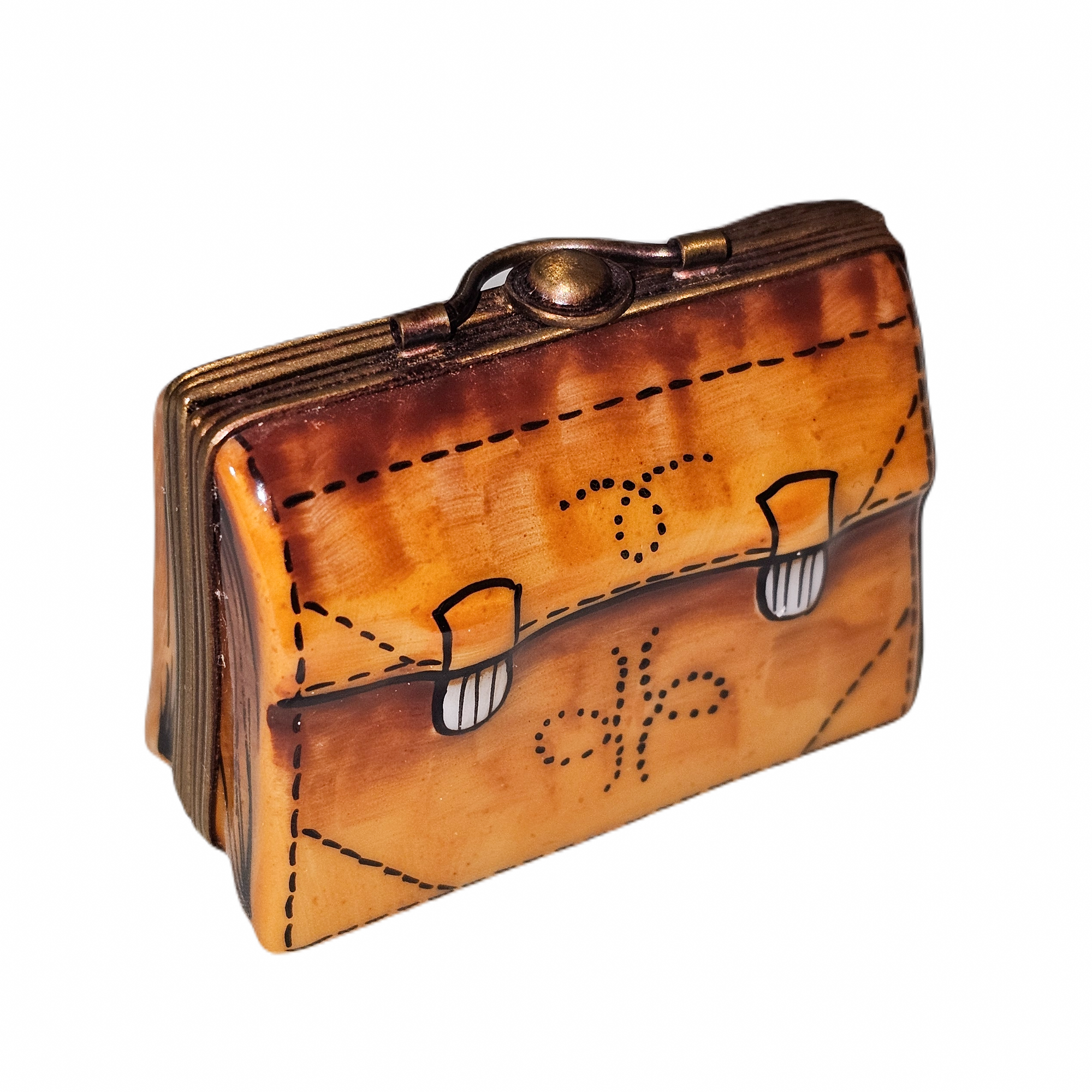 Elegant Limoges Brown Briefcase Porcelain Limoges bag purse professional French Trinket Box