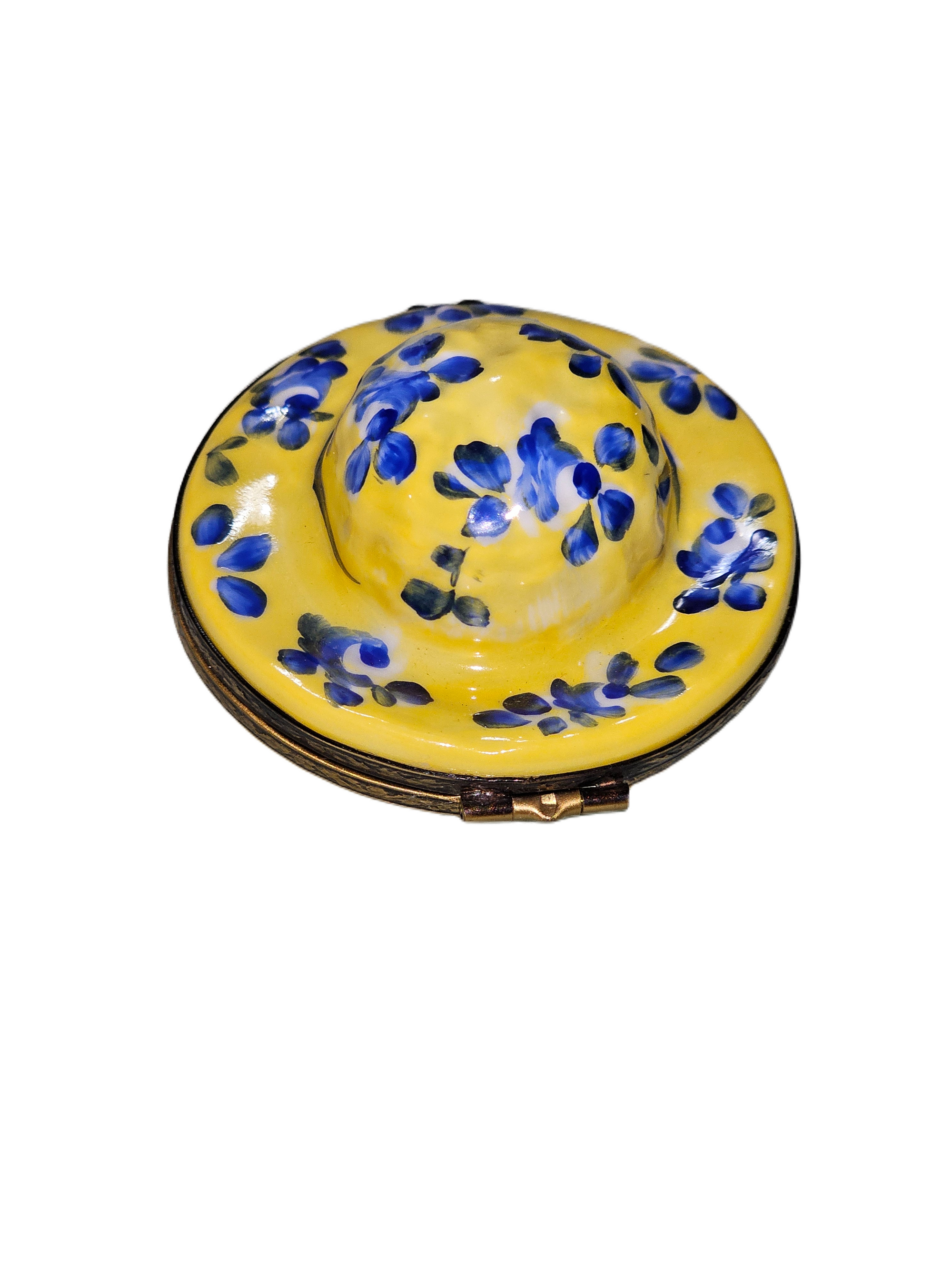 Charming Yellow Floral Hat Porcelain Limoges hat fashion women French Trinket Box