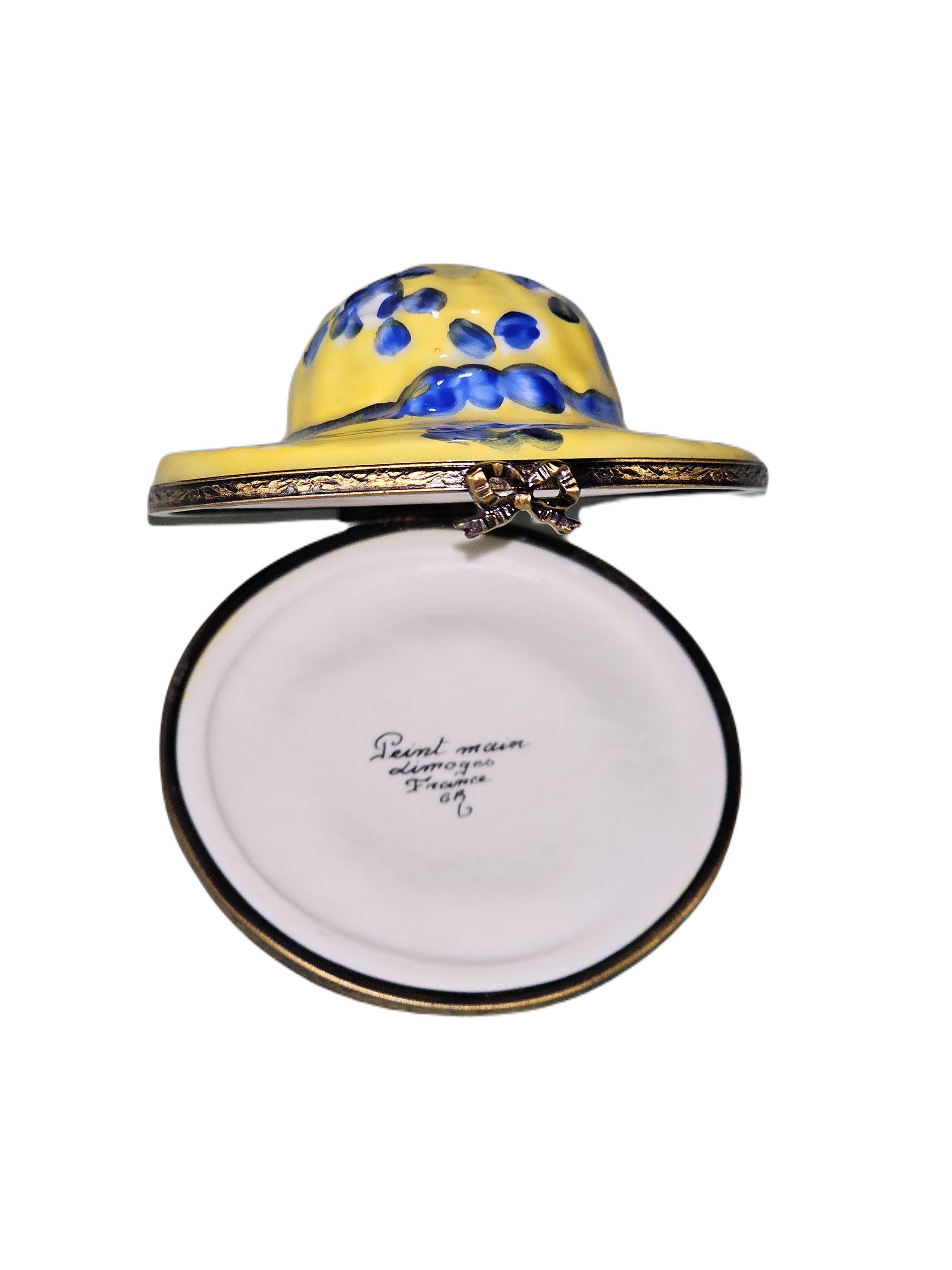 Charming Yellow Floral Hat Porcelain Limoges hat fashion women French Trinket Box
