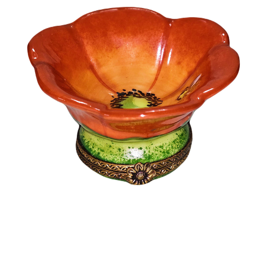 Vibrant Orange Flower with Bee Porcelain Limoges Flowers Garden French Trinket Box