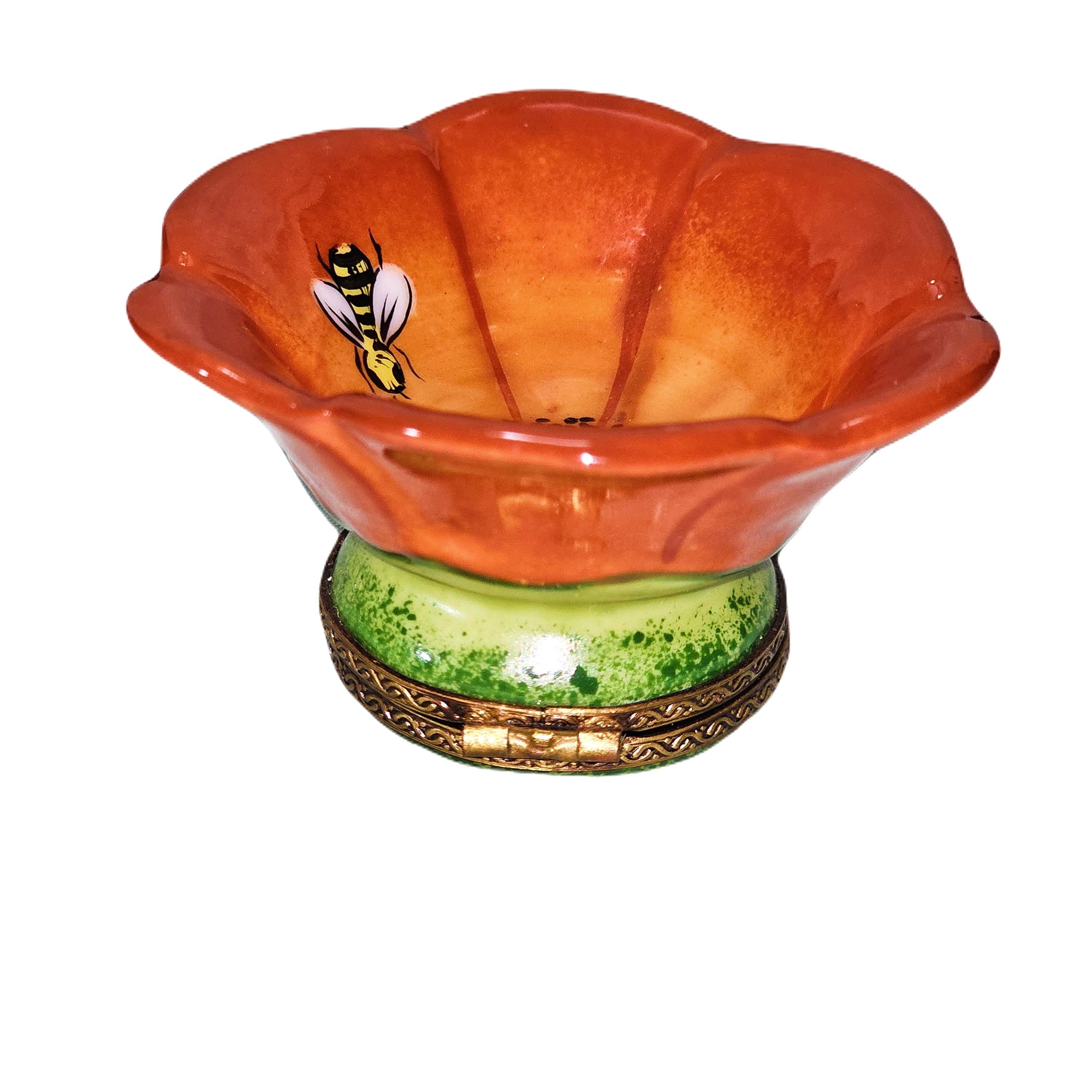 Vibrant Orange Flower with Bee Porcelain Limoges Flowers Garden French Trinket Box
