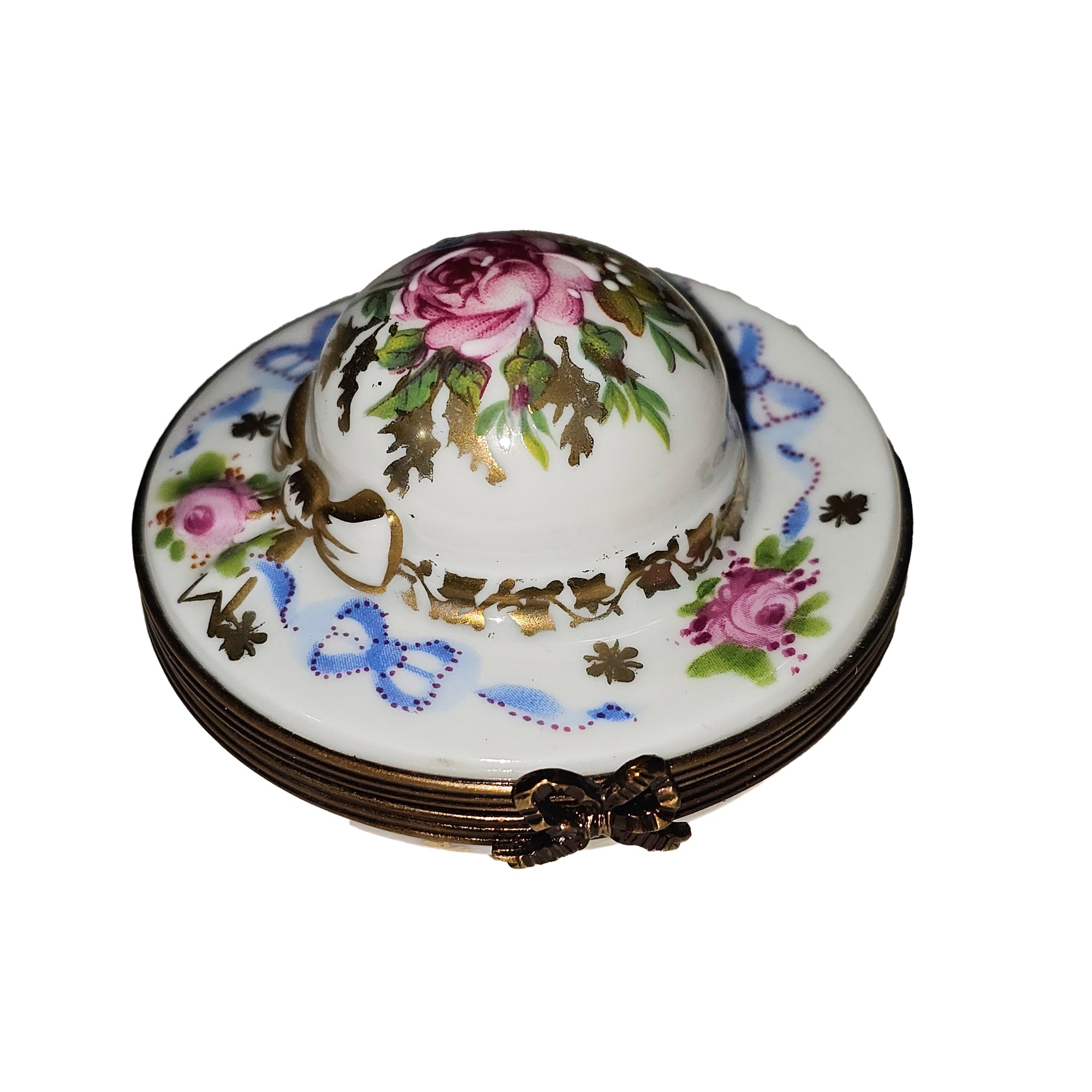 Charming Floral Garden Hat Box Porcelain Limoges Garden hat French Trinket Box
