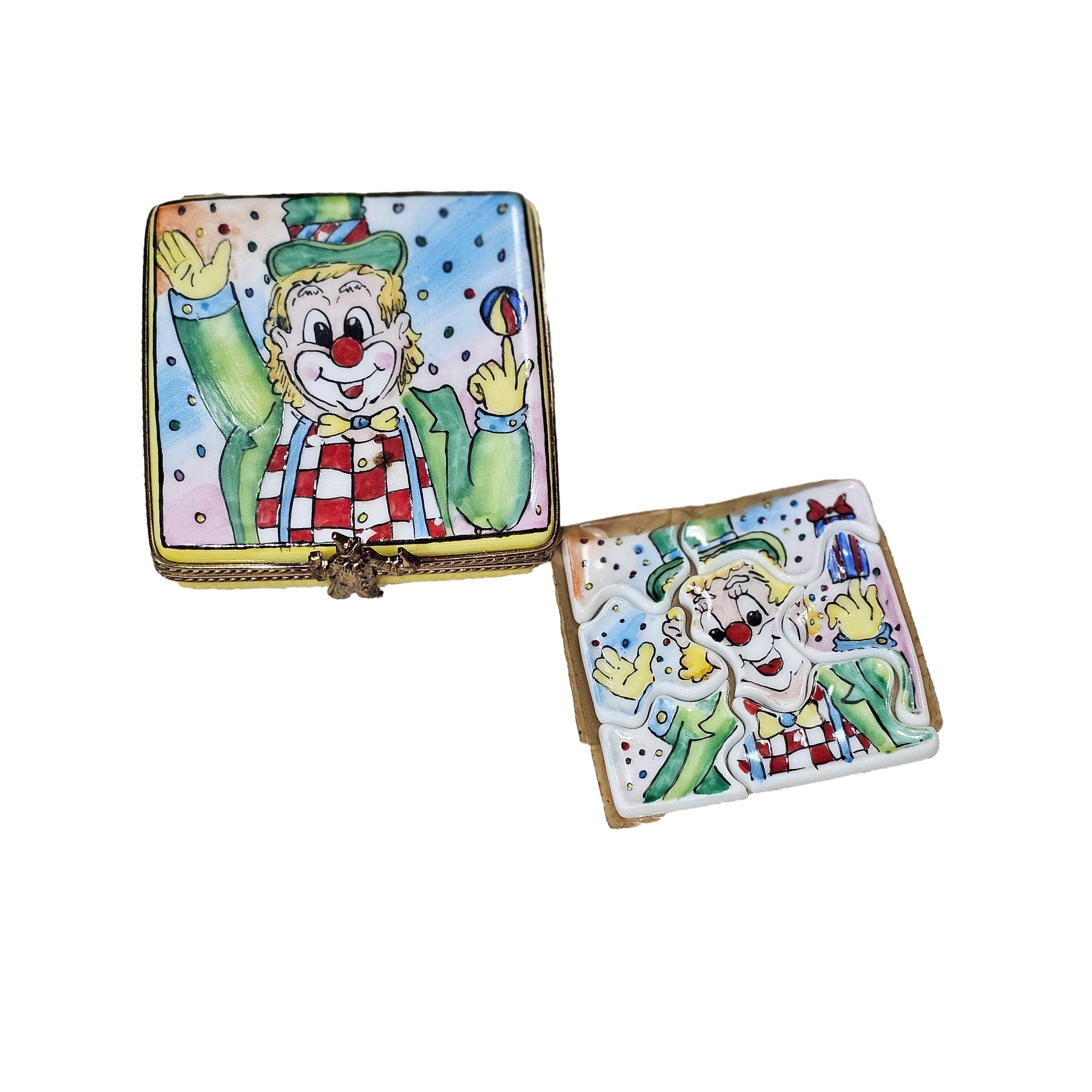 Whimsical Clown Puzzle Box Porcelain Limoges carnival games French Trinket Box