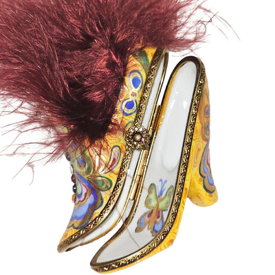 Butterfly Adorned Yellow Shoe Porcelain Limoges shoe French Trinket Box
