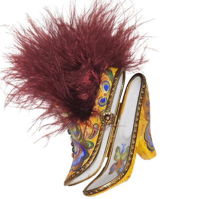 Butterfly Adorned Yellow Shoe Porcelain Limoges shoe French Trinket Box