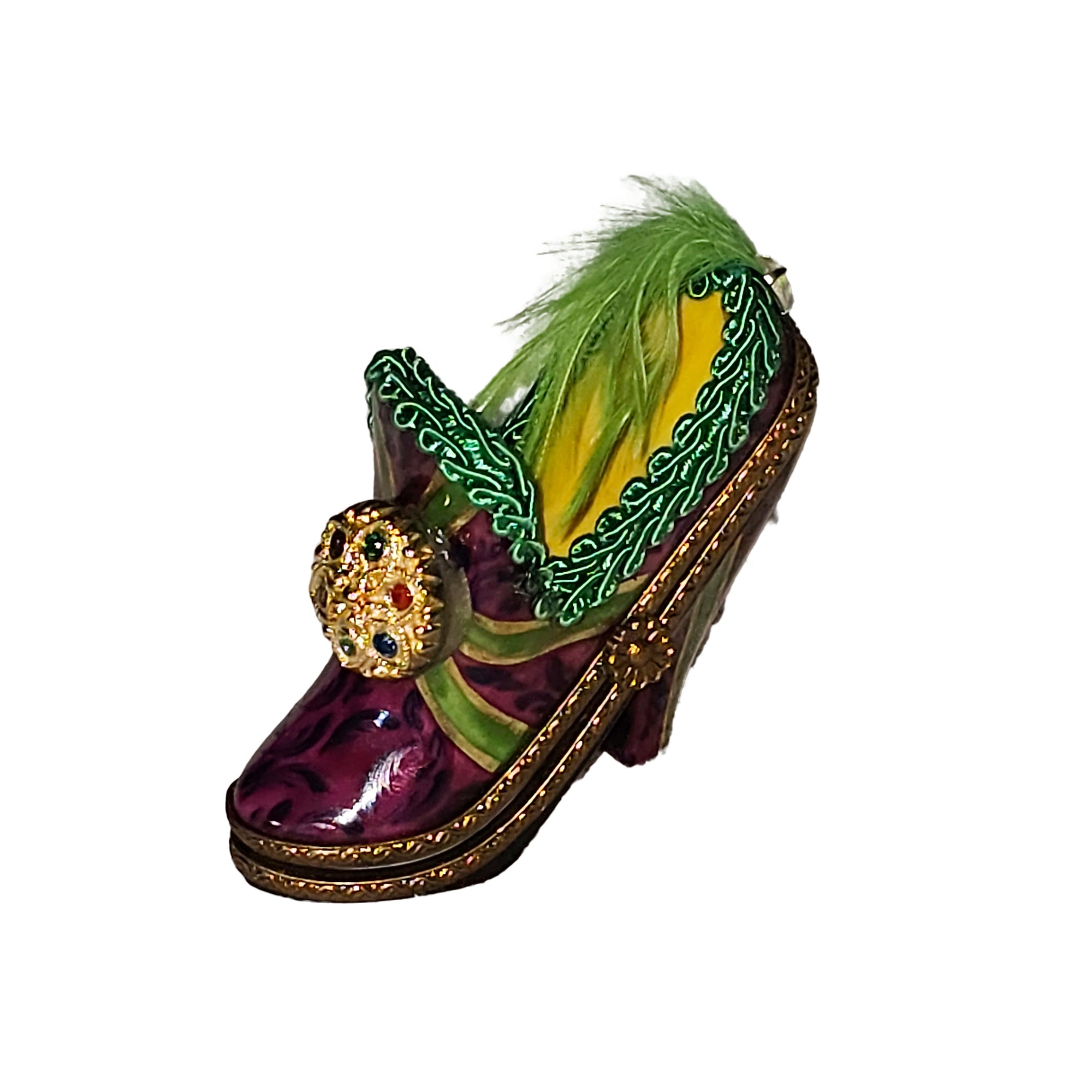 Maroon Shoe with Green Feathers Porcelain Limoges shoe French Trinket Box