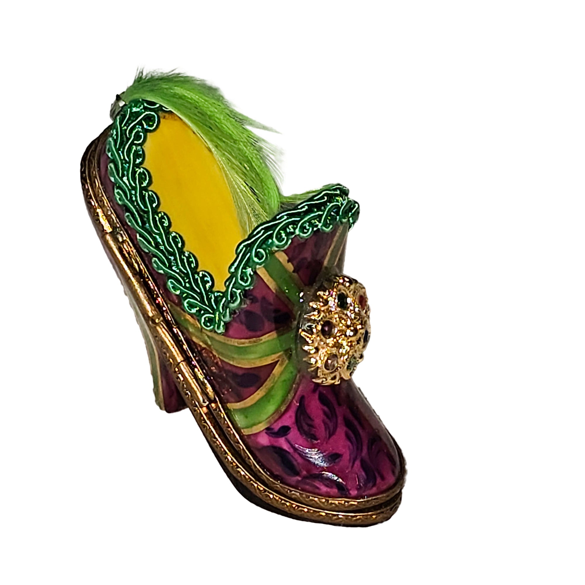 Maroon Shoe with Green Feathers Porcelain Limoges shoe French Trinket Box