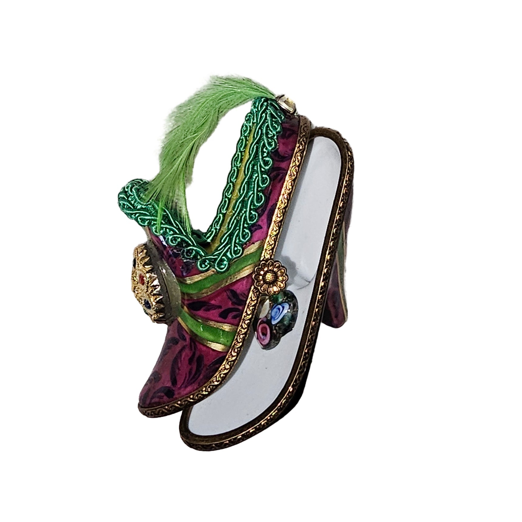 Maroon Shoe with Green Feathers Porcelain Limoges shoe French Trinket Box