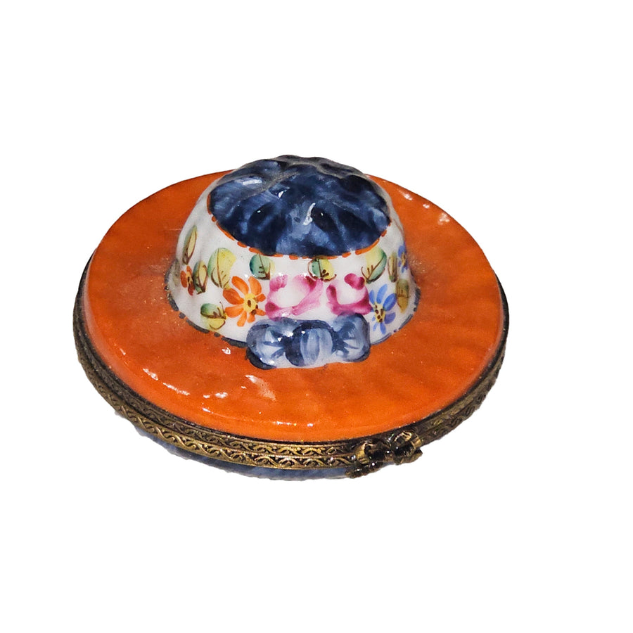 Charming Floral Orange Hat Box Porcelain Limoges hat French Trinket Box