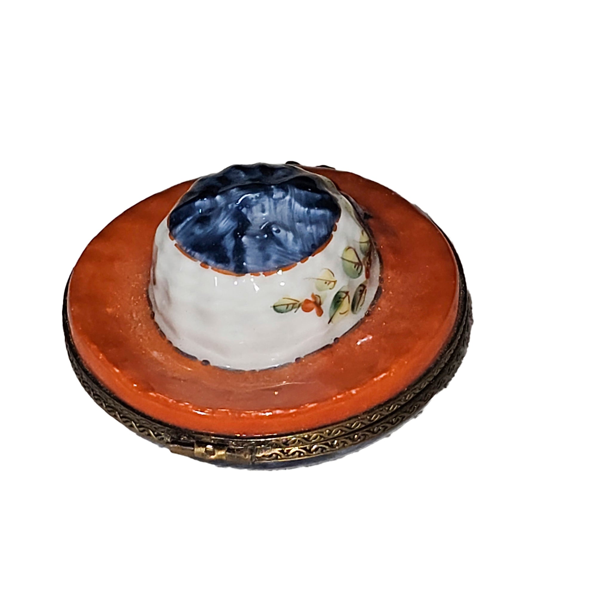 Charming Floral Orange Hat Box Porcelain Limoges hat French Trinket Box