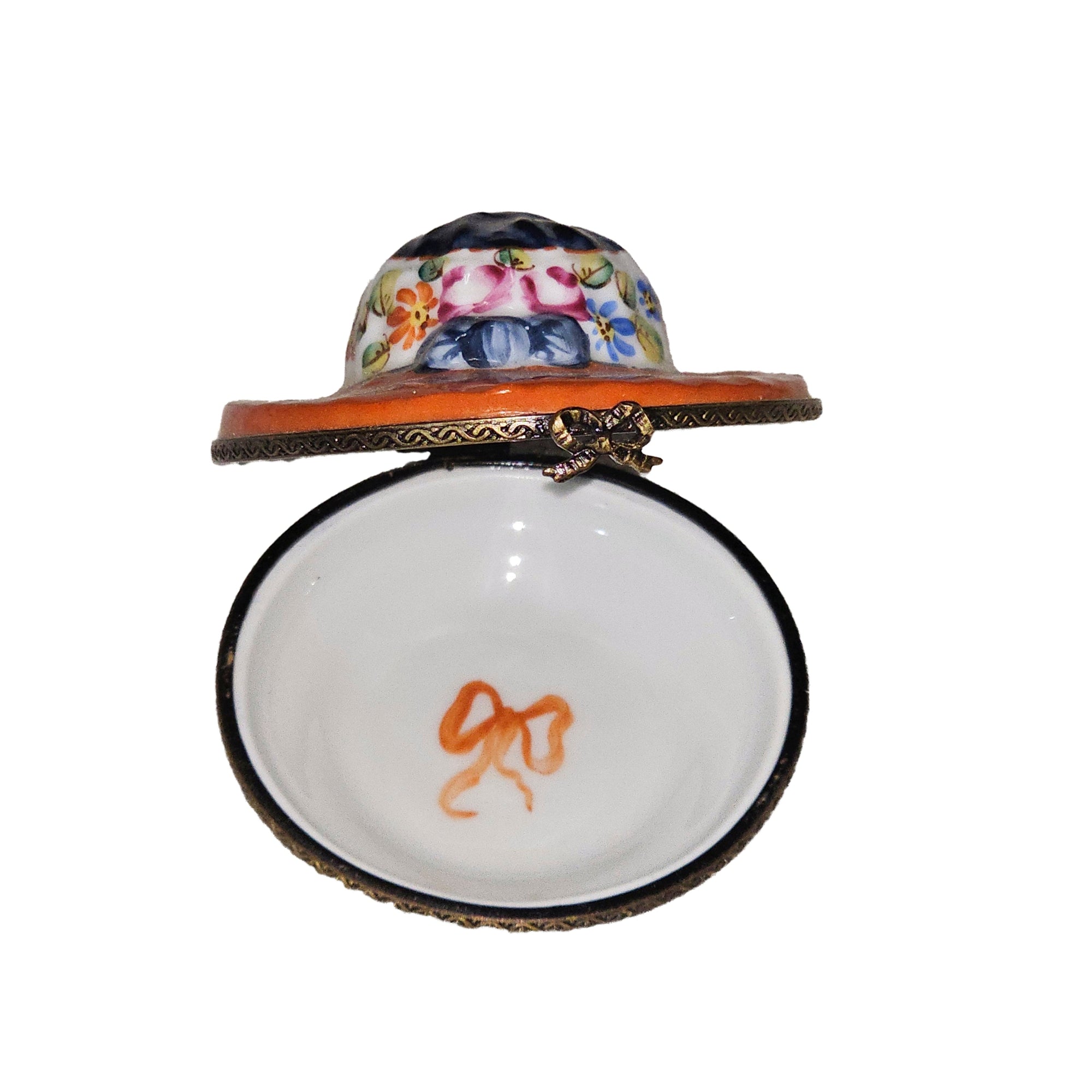 Charming Floral Orange Hat Box Porcelain Limoges hat French Trinket Box