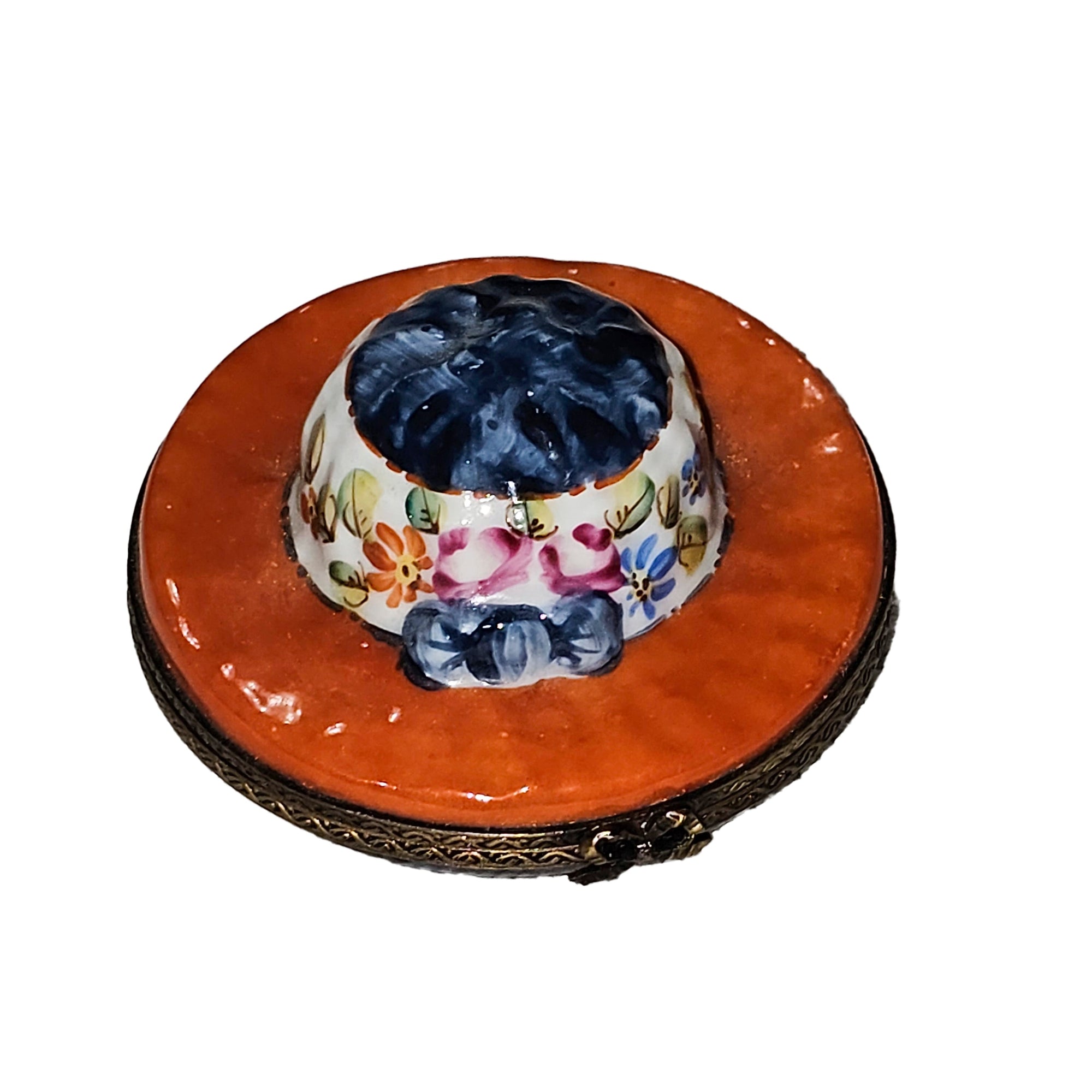 Charming Floral Orange Hat Box Porcelain Limoges hat French Trinket Box