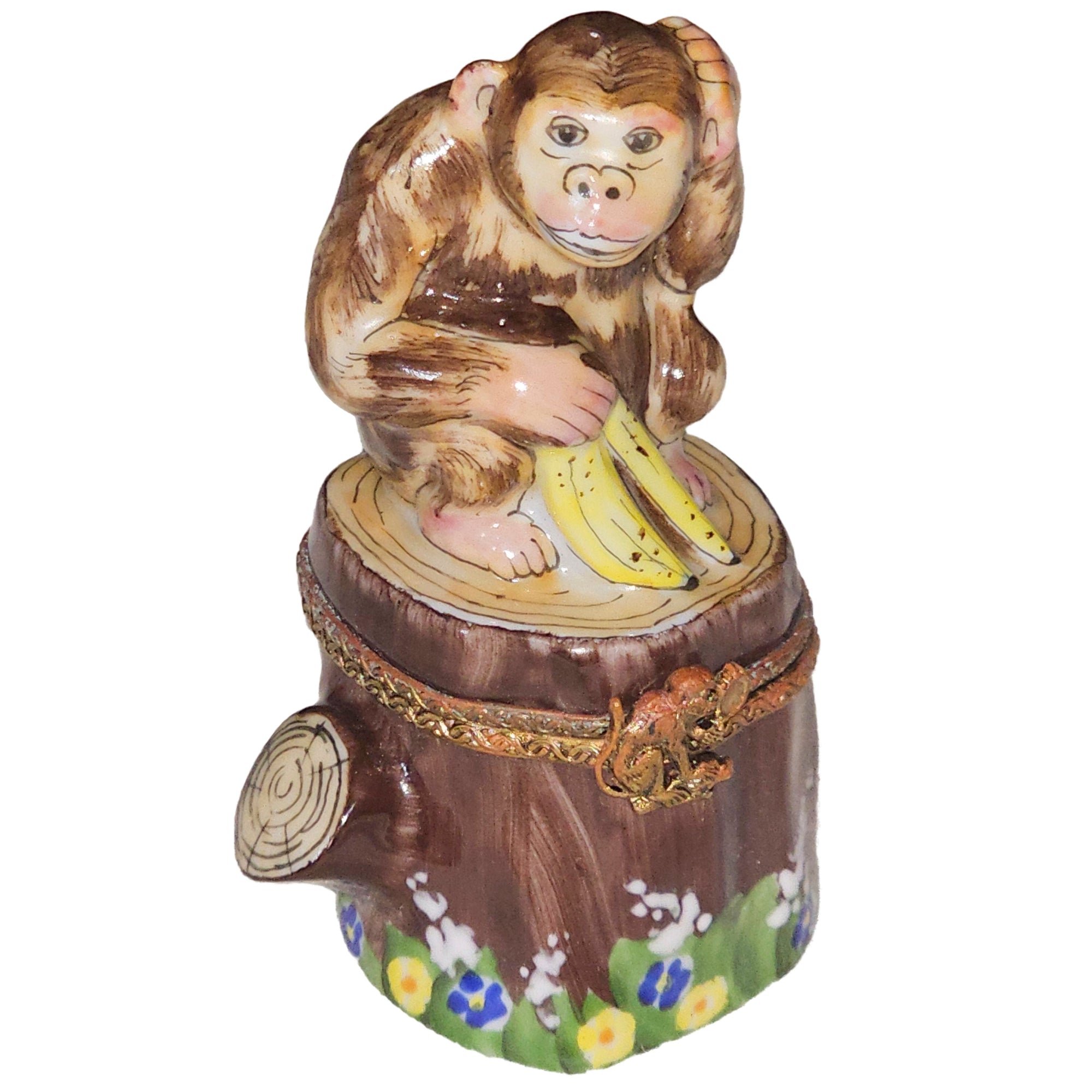 Charming Monkey on Log Box Porcelain Limoges wild animal French Trinket Box