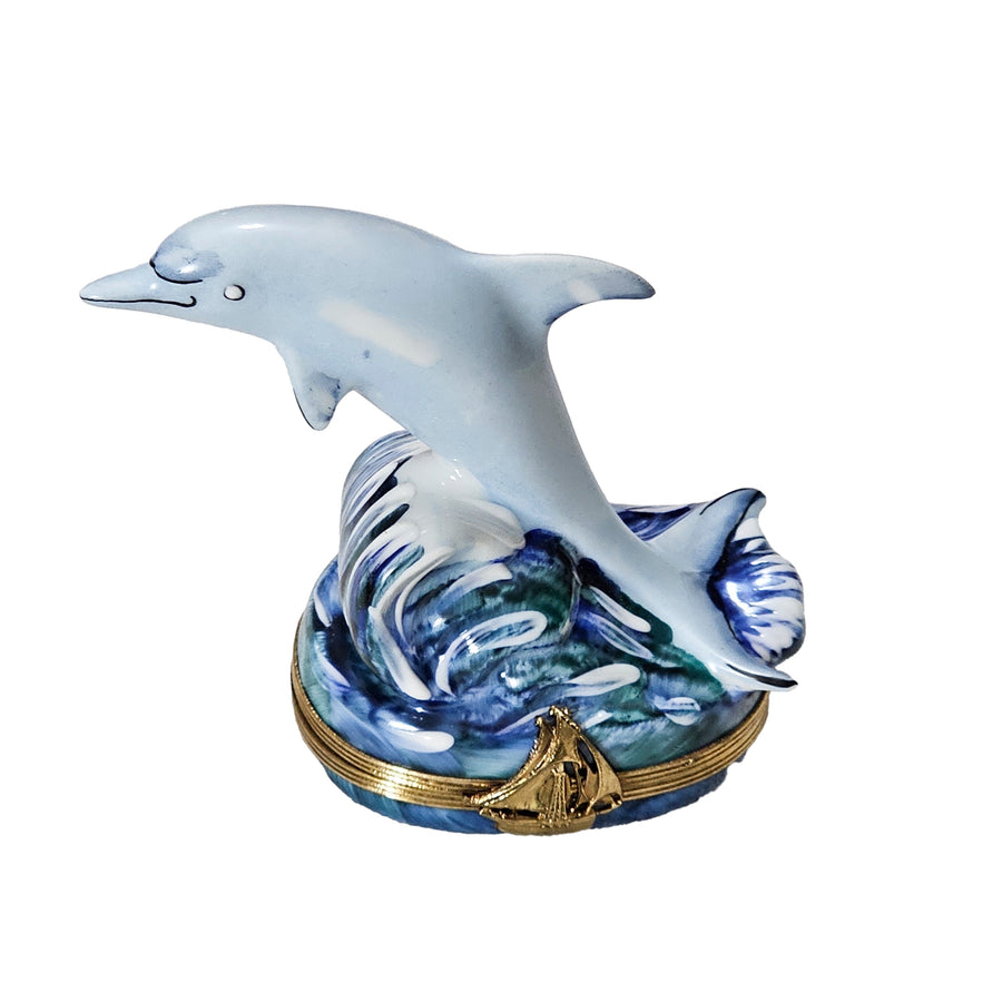 Dolphin Delight on Ocean Wave Porcelain Limoges beach ocean fish French Trinket Box