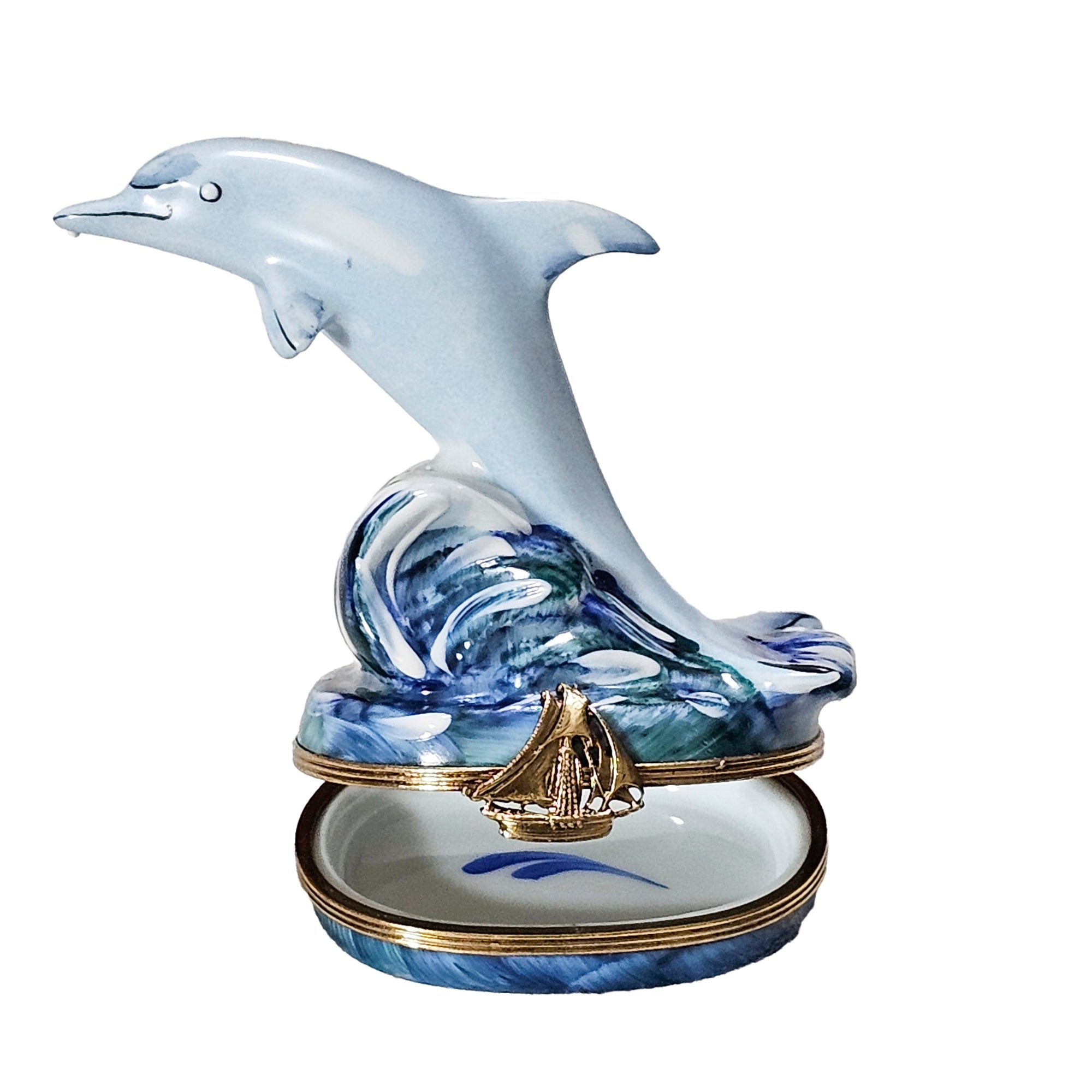 Dolphin Delight on Ocean Wave Porcelain Limoges beach ocean fish French Trinket Box