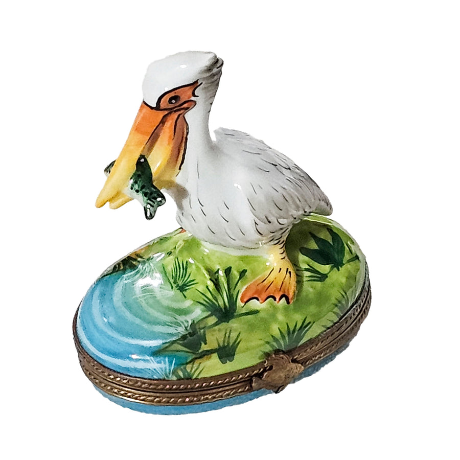 Pelican Fishing Treasure Box Porcelain Limoges wild bird French Trinket Box