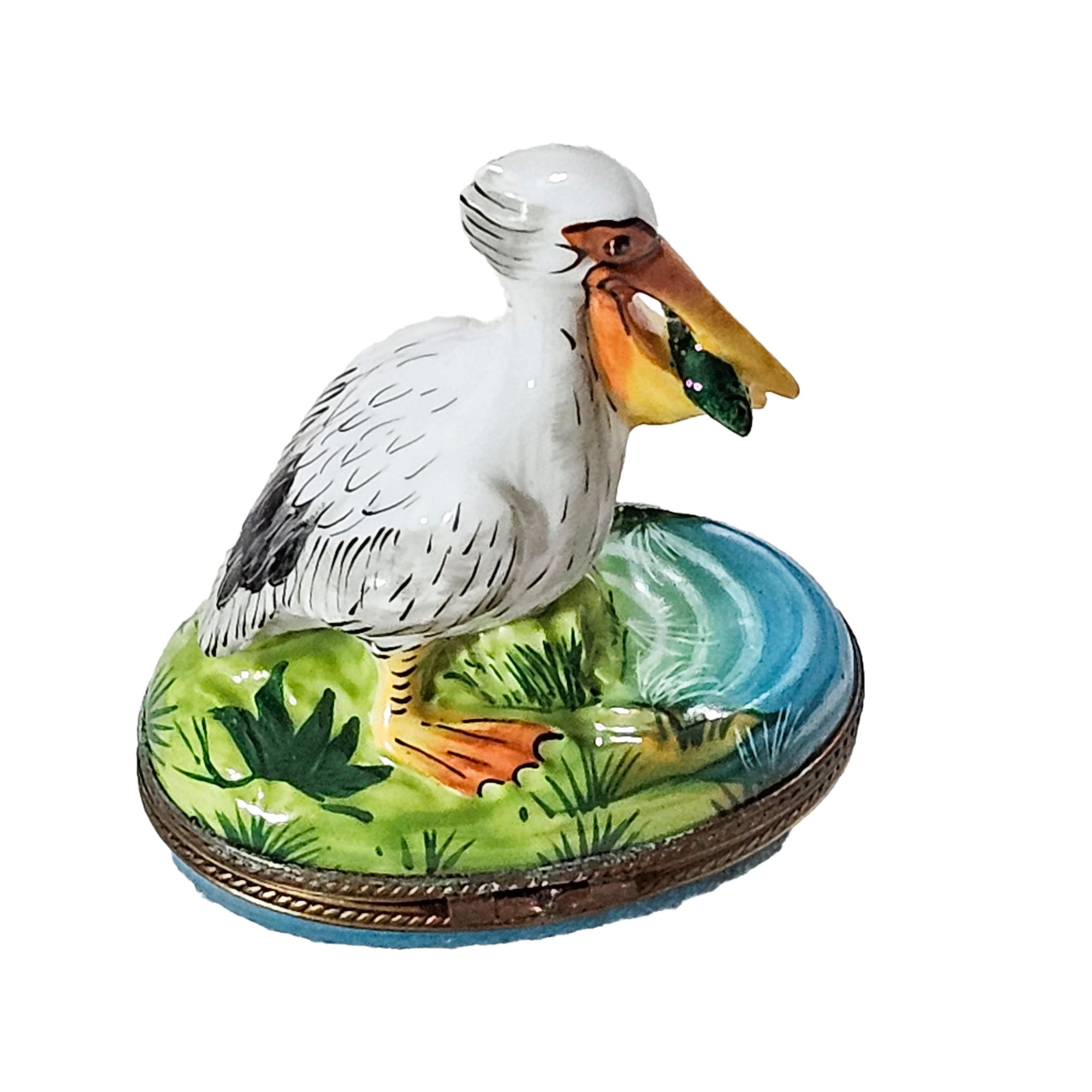 Pelican Fishing Treasure Box Porcelain Limoges wild bird French Trinket Box