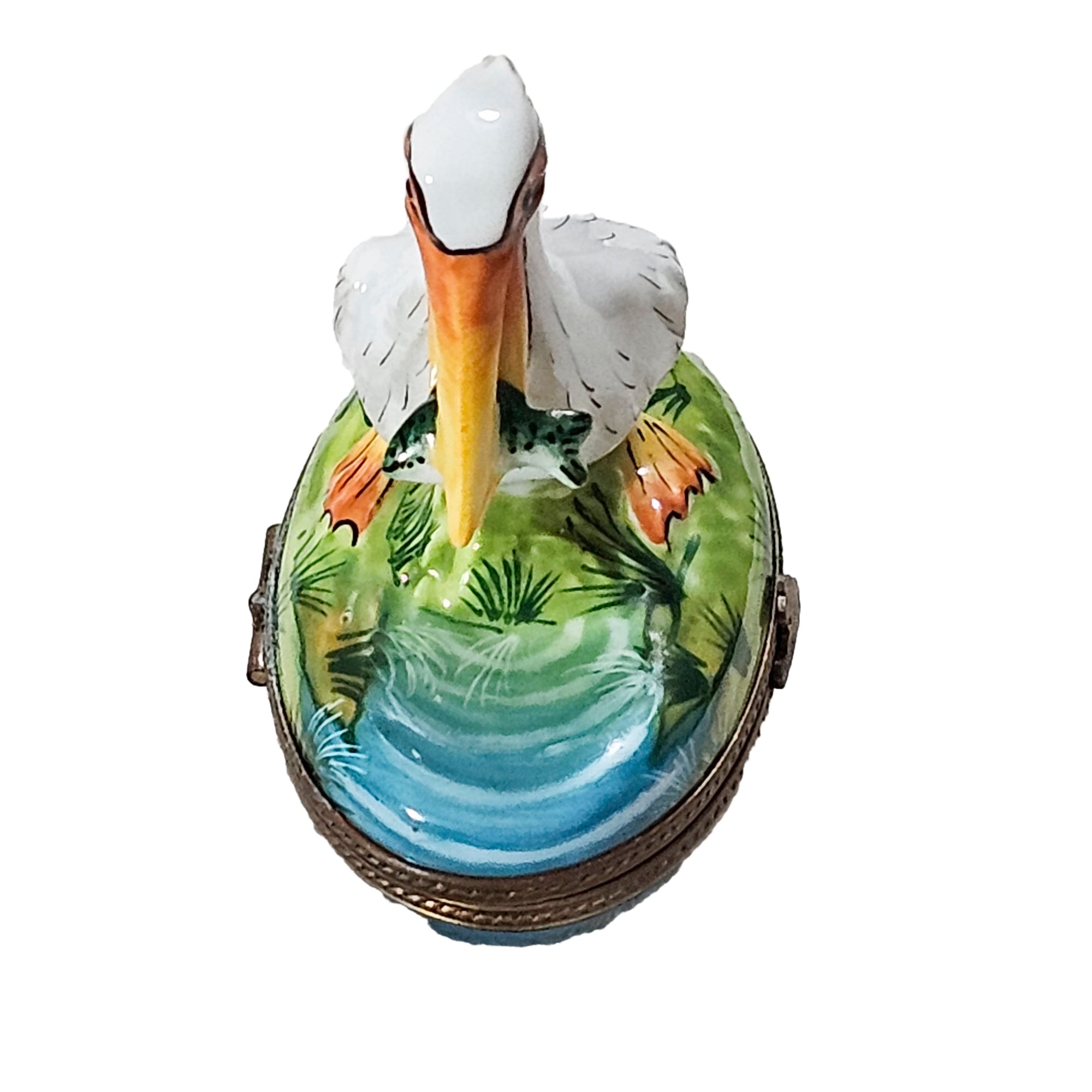 Pelican Fishing Treasure Box Porcelain Limoges wild bird French Trinket Box