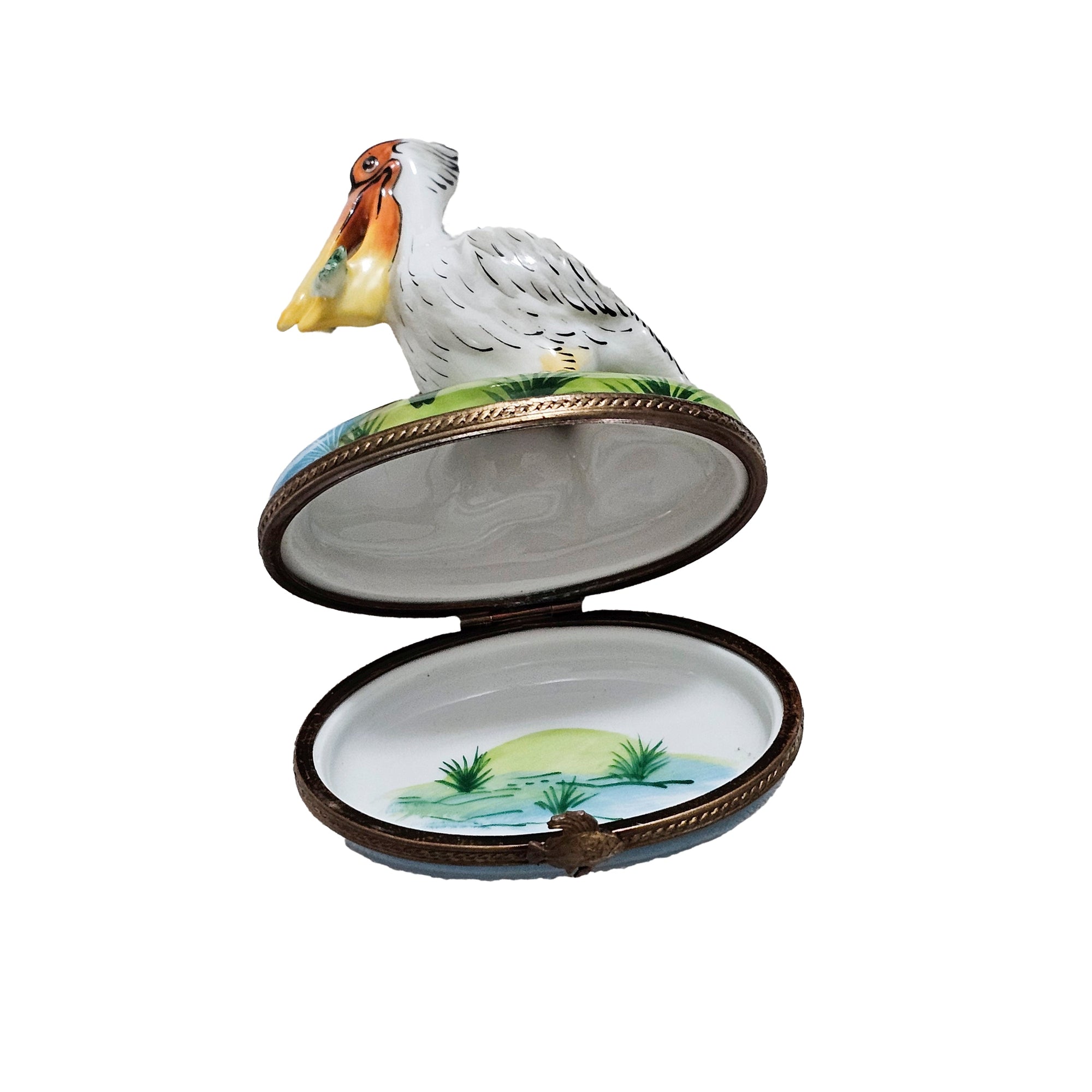 Pelican Fishing Treasure Box Porcelain Limoges wild bird French Trinket Box