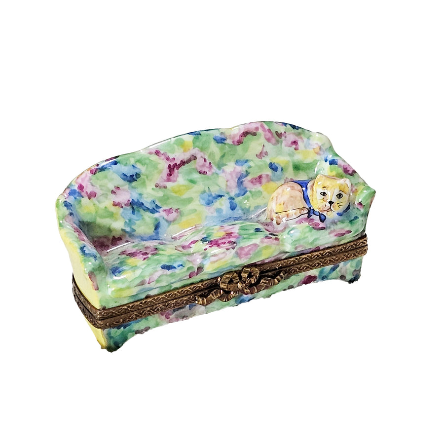 Charming Cat On Colorful Couch Porcelain Limoges cat furniture French Trinket Box