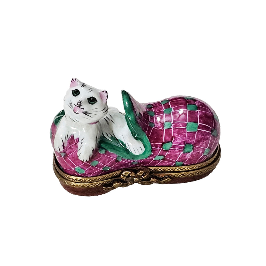 Charming White Cat in Pink Shoe Porcelain Limoges cat French Trinket Box