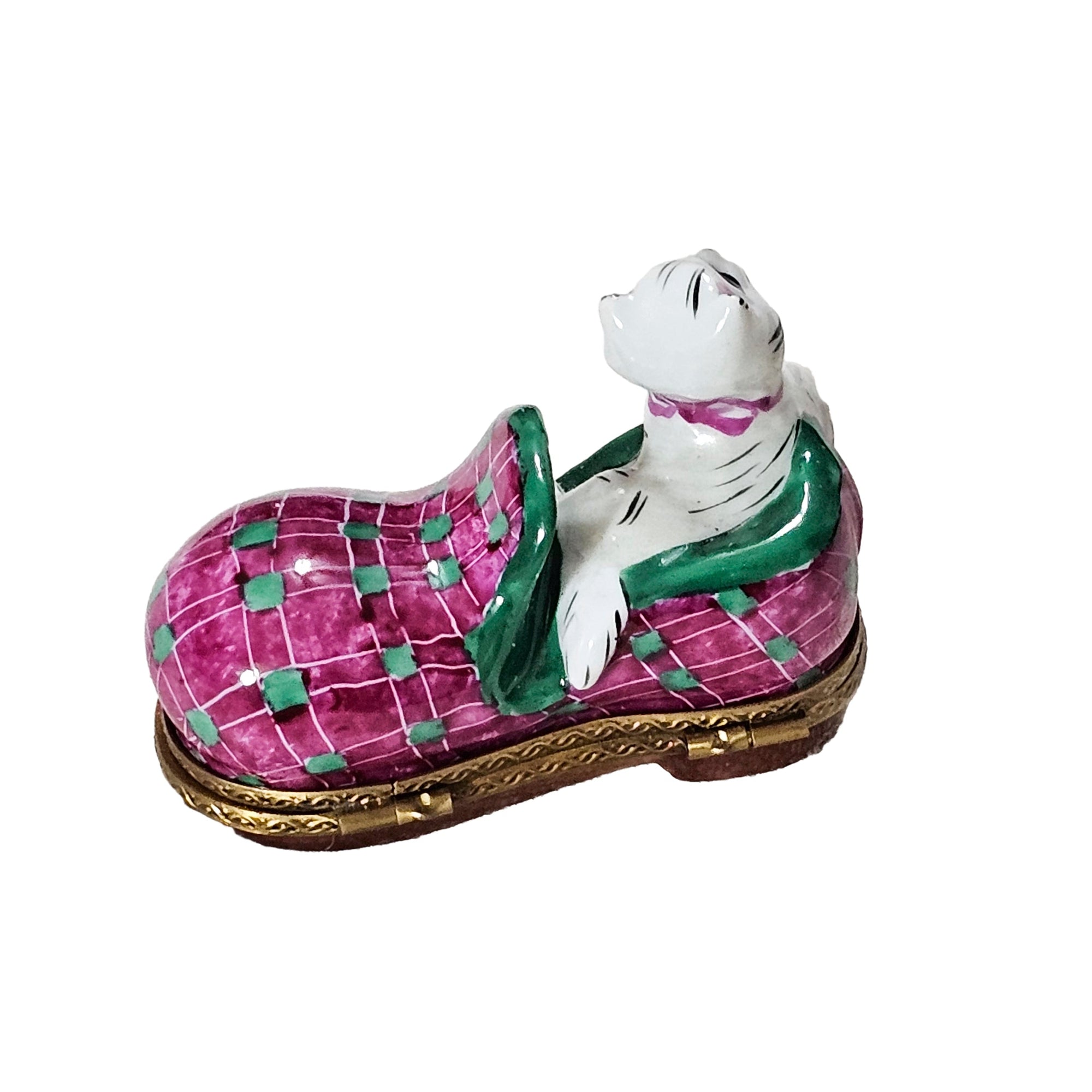 Charming White Cat in Pink Shoe Porcelain Limoges cat French Trinket Box