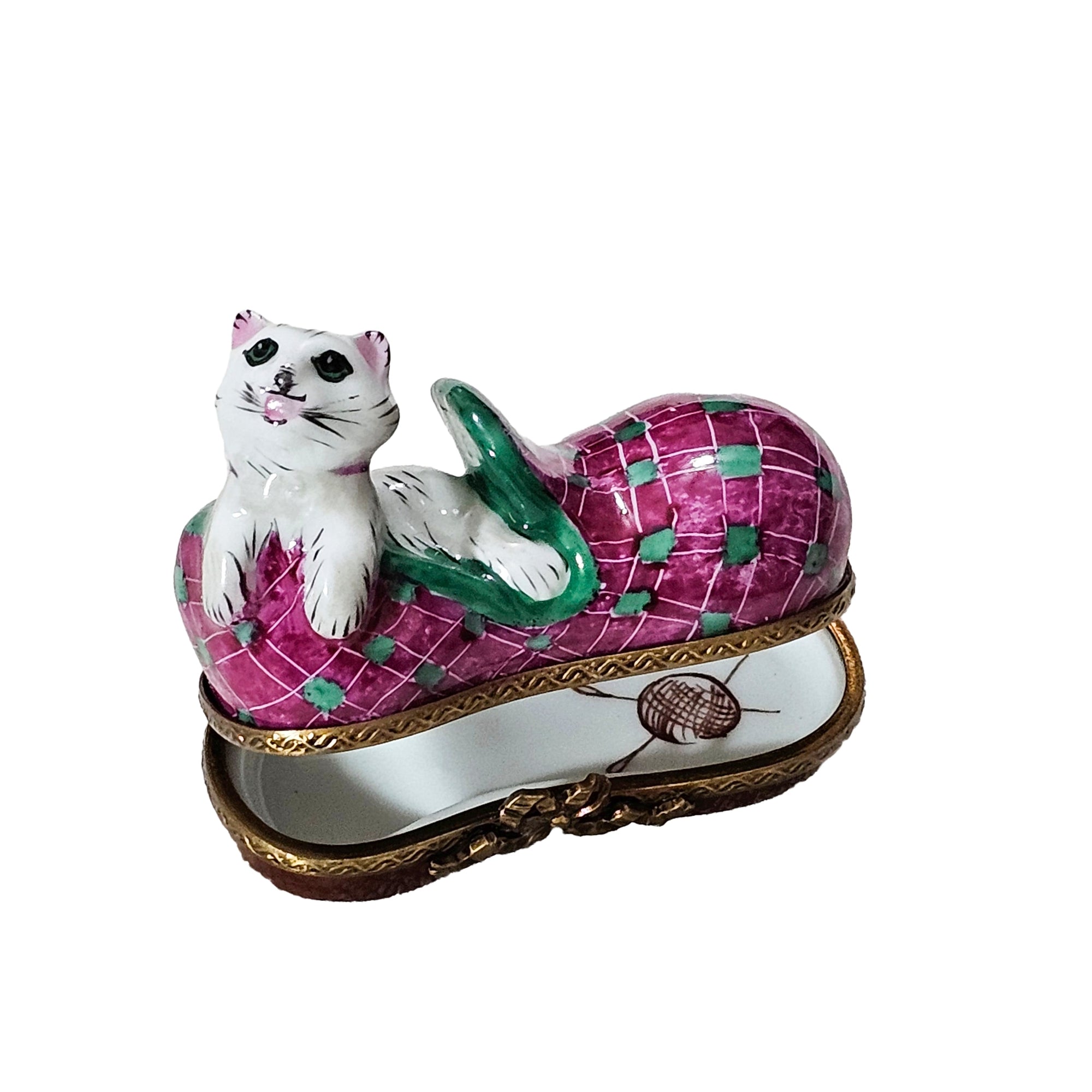 Charming White Cat in Pink Shoe Porcelain Limoges cat French Trinket Box