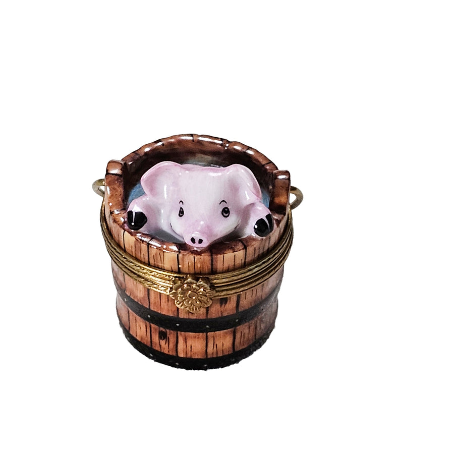 Charming Piglet In Bucket Porcelain Limoges pig French Trinket Box