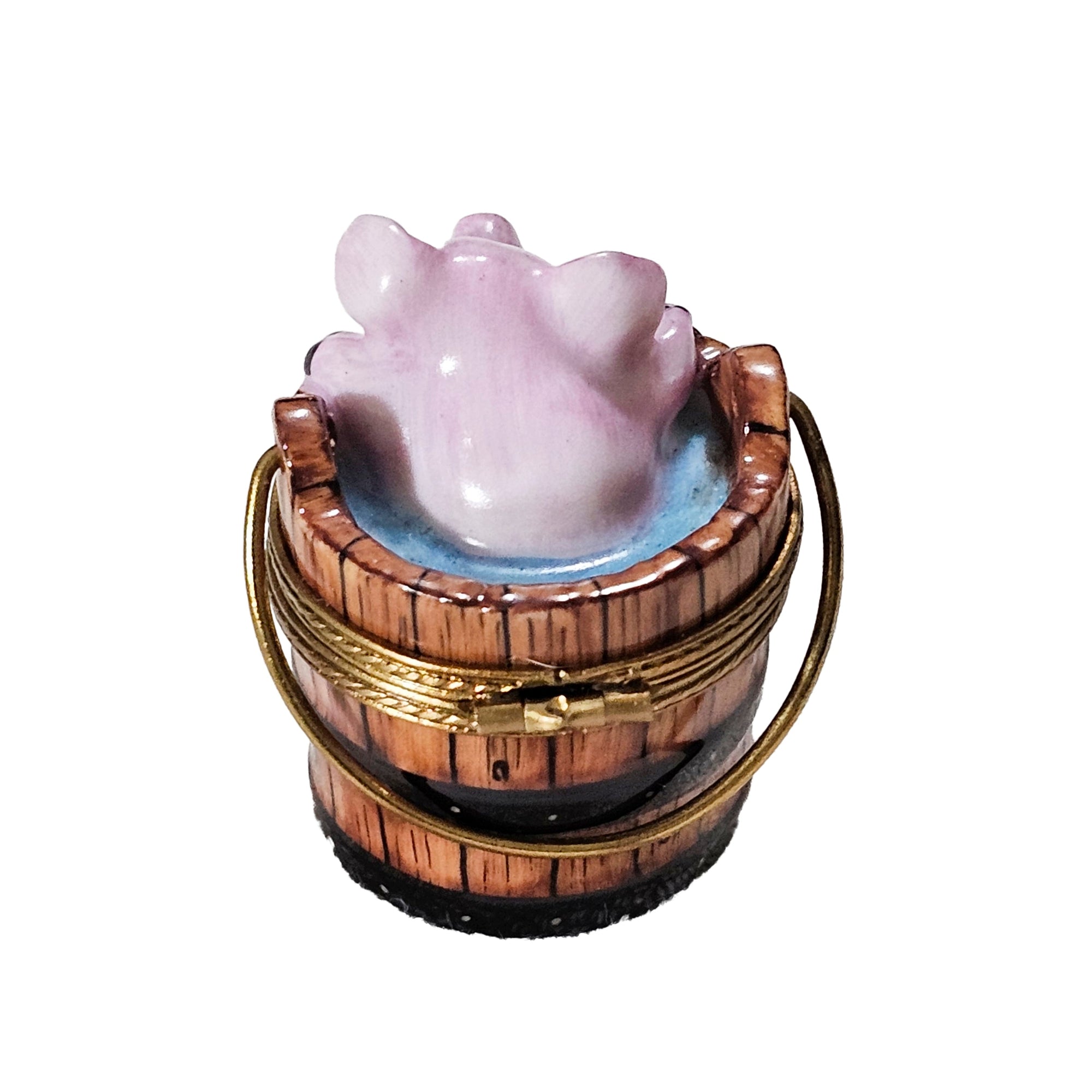 Charming Piglet In Bucket Porcelain Limoges pig French Trinket Box