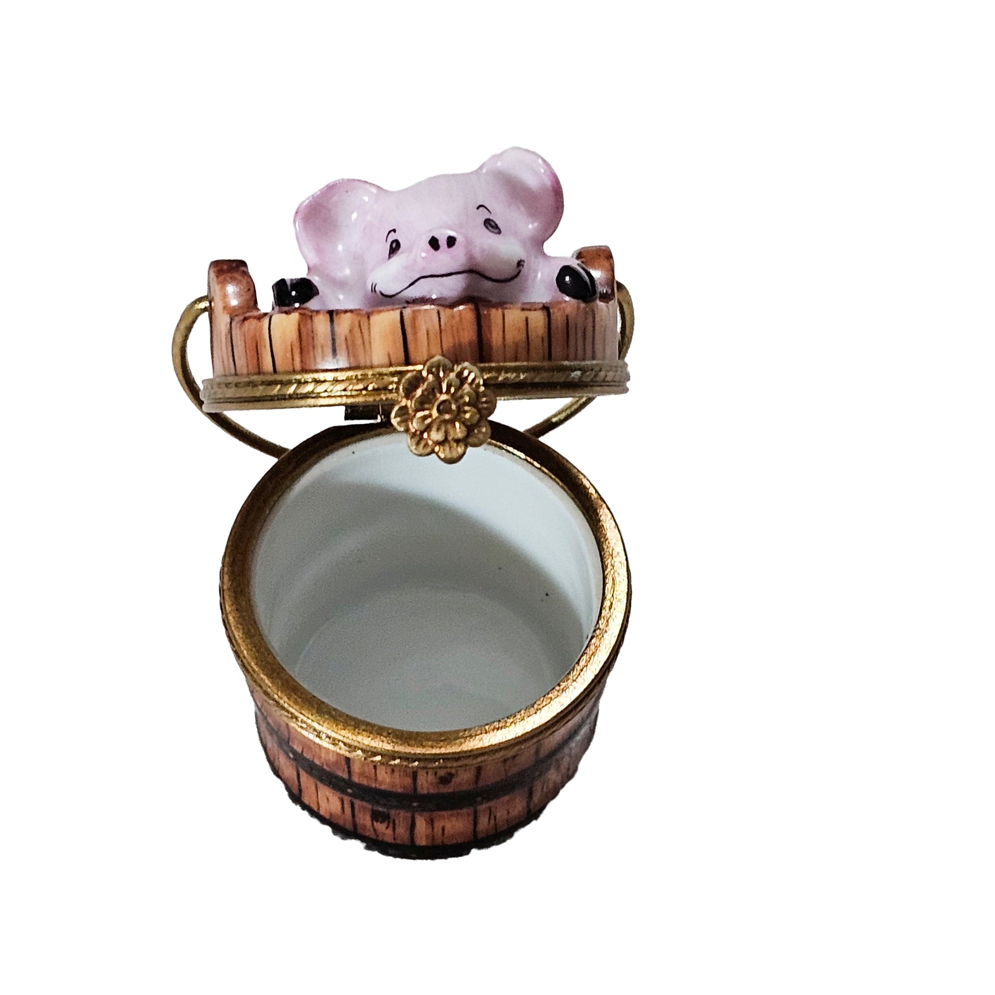Charming Piglet In Bucket Porcelain Limoges pig French Trinket Box