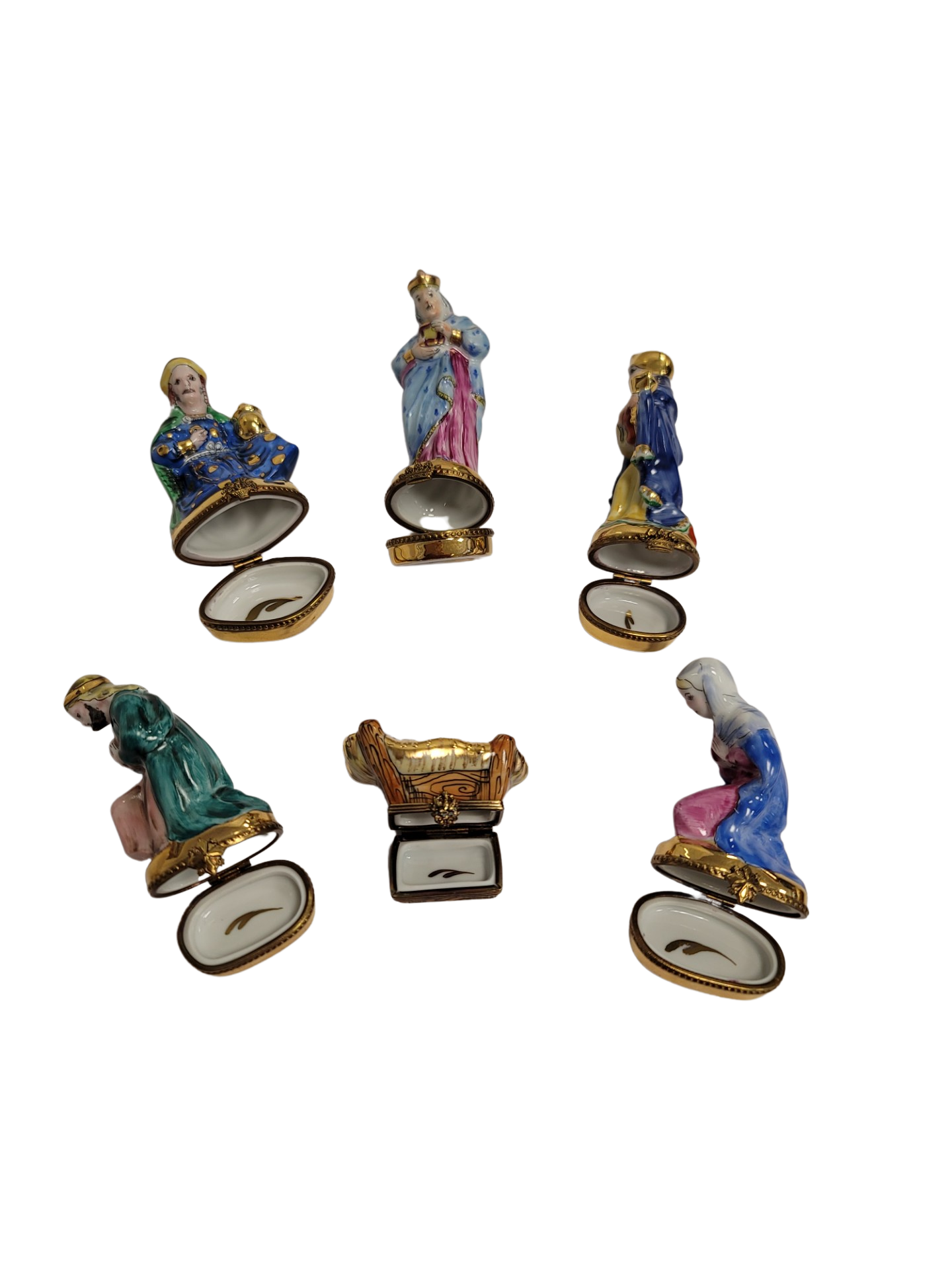 6 Piece Gold Bottom Nativity Set Porcelain Limoges nativity French Trinket Box