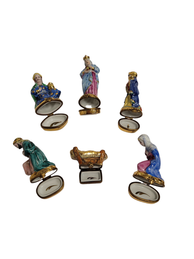 6 Piece Gold Bottom Nativity Set Porcelain Limoges nativity French Trinket Box