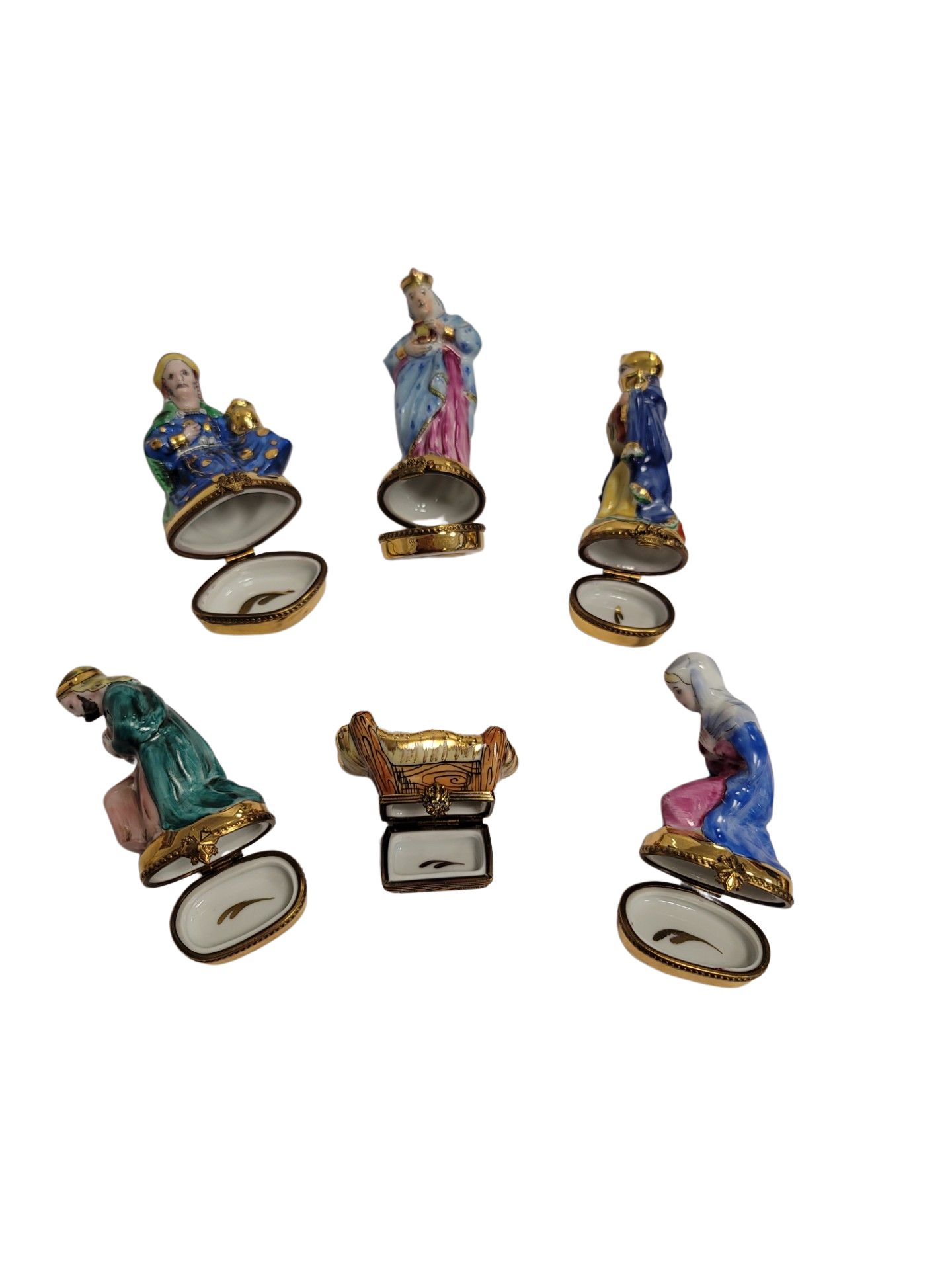 6 Piece Gold Bottom Nativity Set Porcelain Limoges nativity French Trinket Box