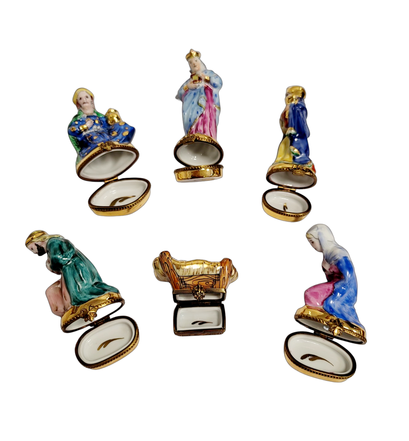 6 Piece Gold Bottom Nativity Set Porcelain Limoges nativity French Trinket Box