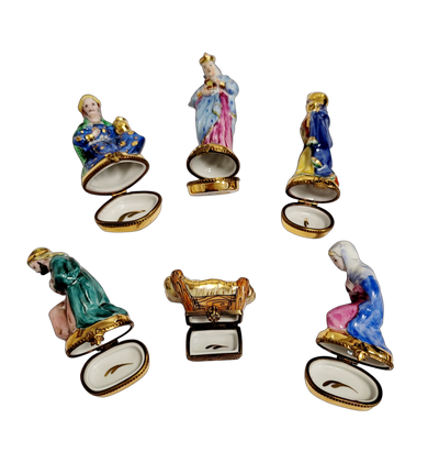 6 Piece Gold Bottom Nativity Set Porcelain Limoges nativity French Trinket Box