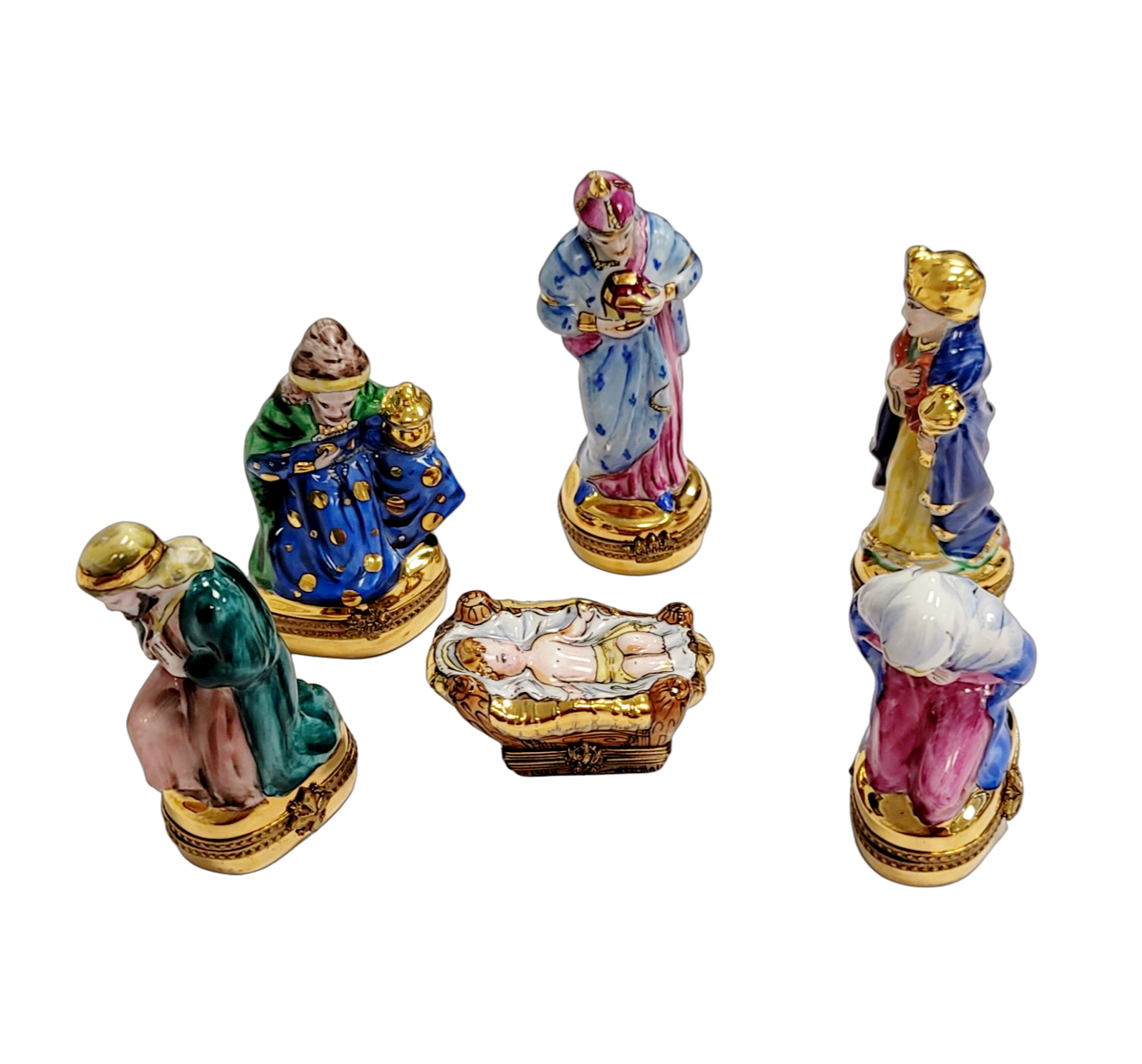 6 Piece Gold Bottom Nativity Set Porcelain Limoges nativity French Trinket Box
