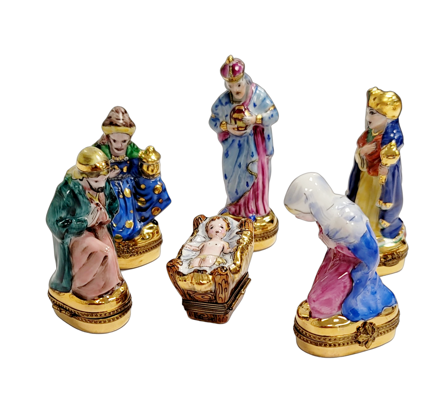 6 Piece Gold Bottom Nativity Set Porcelain Limoges nativity French Trinket Box