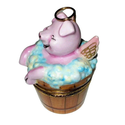 Angelic Pig In Washing Porcelain Limoges Angel Farm Animals French Trinket Box